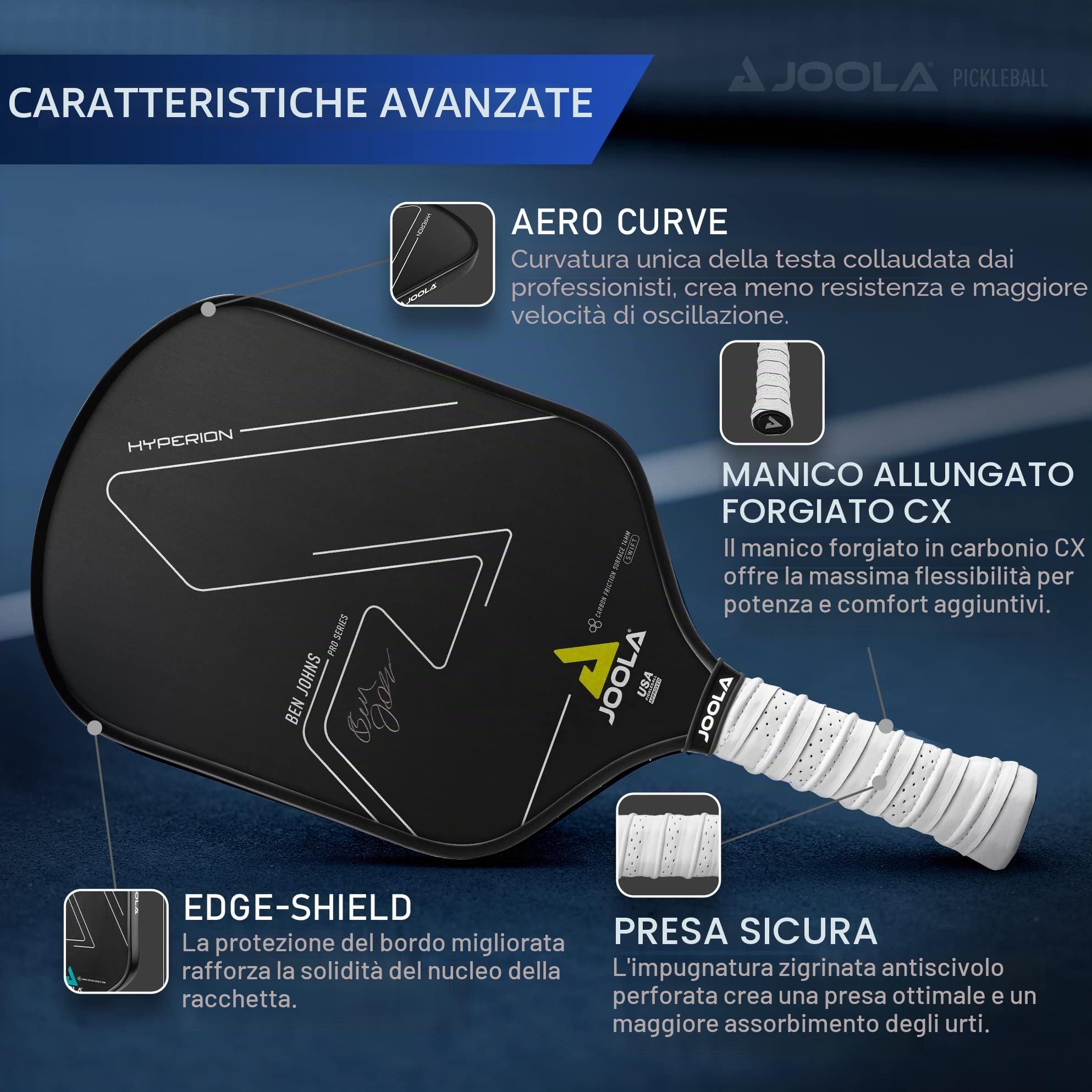 Joola Ben Johns Hyperion CFS 16 mm Swift Pickleball Paddel – USAPA zugelassen für Turnierspiele – Carbonfaser Pickle Ball Schläger – maximale Geschwindigkeit mit hoher Körnung und Spin