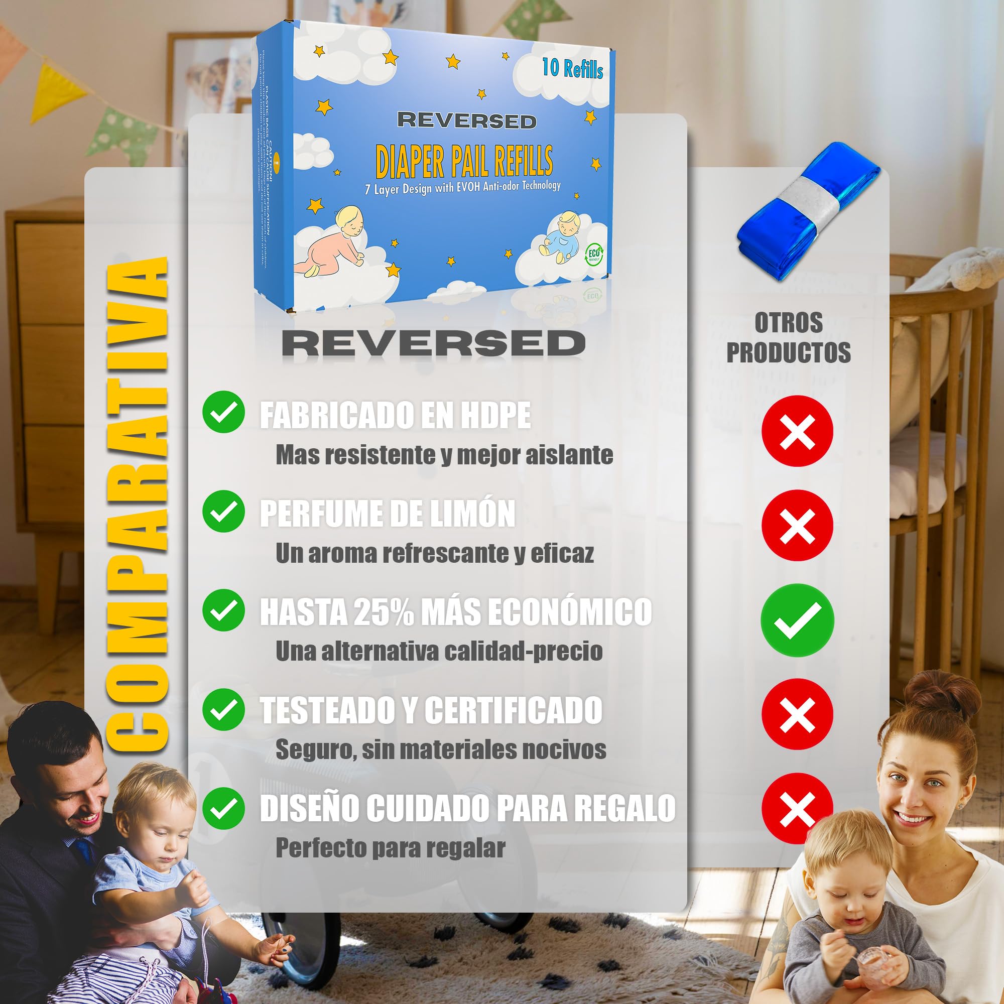 REVERSED® 10 Recambios para Papelera de Pañales, Tommee Tipee Recambios - EVOH 7 Capas HDPE - Perfume de Limón - Compatible Tommee Tippee Sangenic, Twist & Click y Angelcare