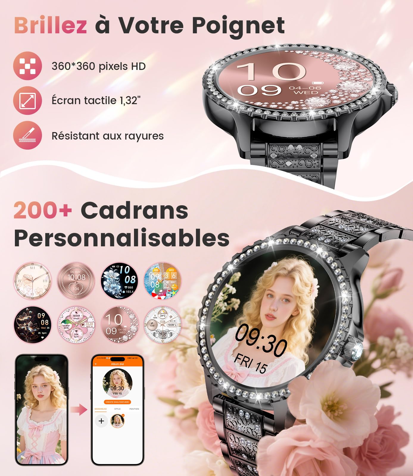 LIGE 1.32" HD Montre Connectée Femme avec Appel Bluetooth, Smartwatch IP68 avec Fonction Féminine/120+ Modes Sport/Fréquence Cardiaque/Sommeil/Cycle menstruel/Podomètre Calories pour Android iOS Noir