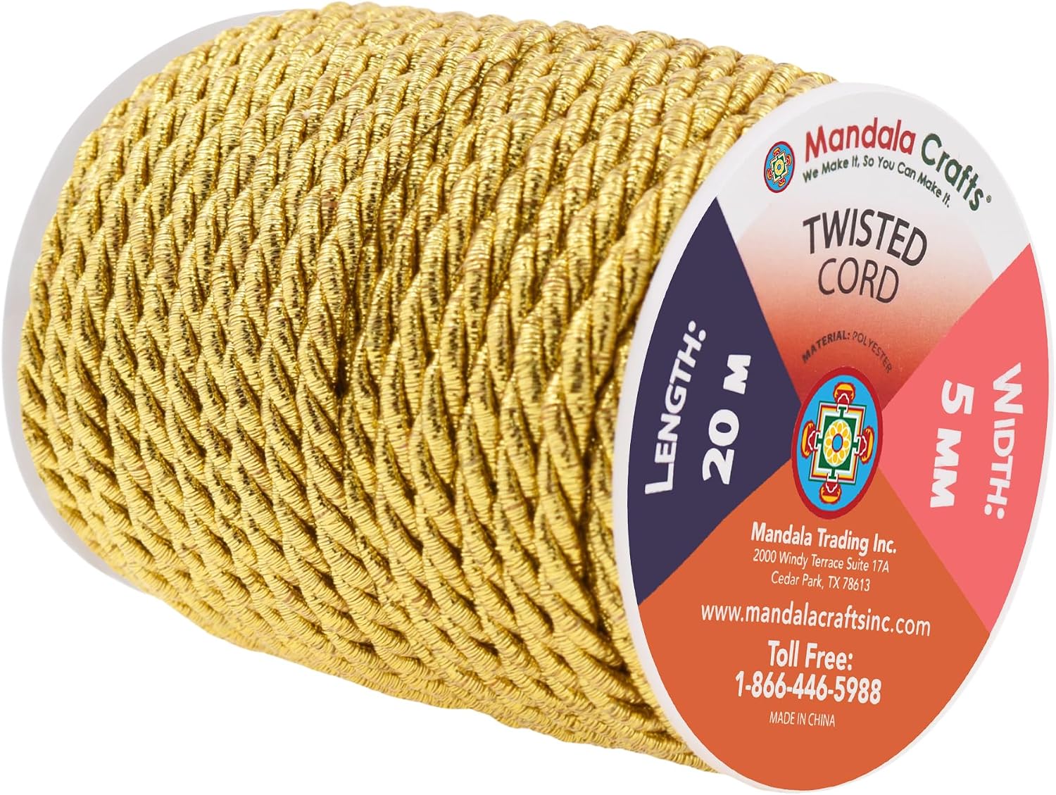 Mandala Crafts Metallic Gold Twisted Cord Trim Decorative Rope for Crafts - Braided Metallic Gold Rope Trim for Upholstery Cording Handfasting Graduation Cord