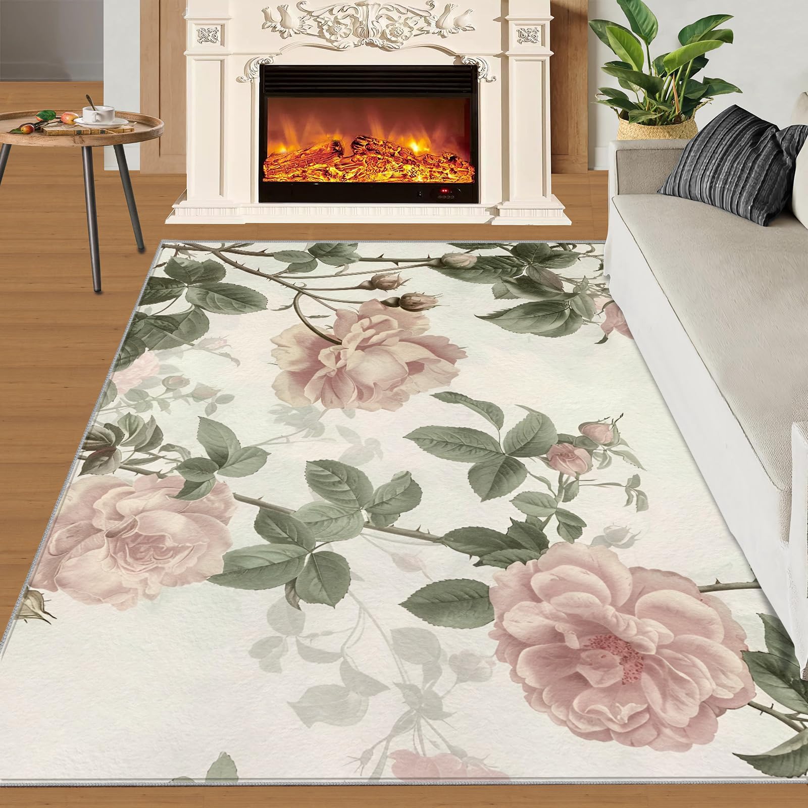 Tapis de Cuisine Vintage Antique Roses - 80 x 150 cm Tapis Shabby Chic pour Porte, Tapis de Chambre Floral de Campagne Antidérapant Anti-Fatigue pour Hall d'Entrée, Couloir