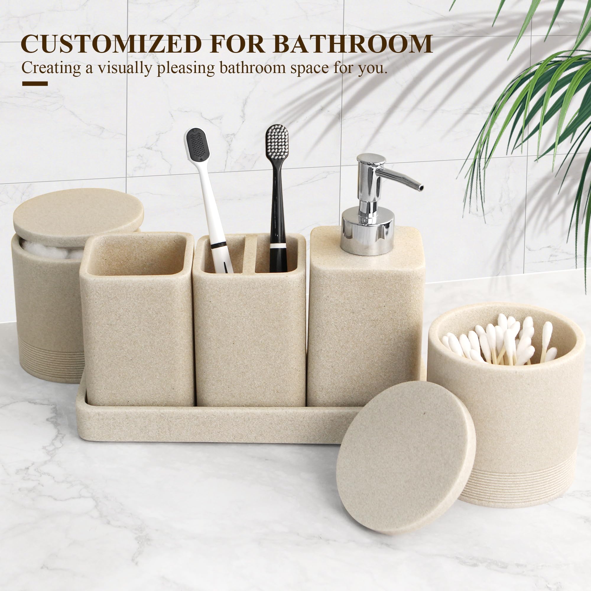 YMXYJM Juego de accesorios de baño, juego de 6 piezas con soportes para cepillos de dientes, dispensador de jabón, bandeja de tocador, vaso, tarros de hisopo de algodón, organizador de baño, juegos de