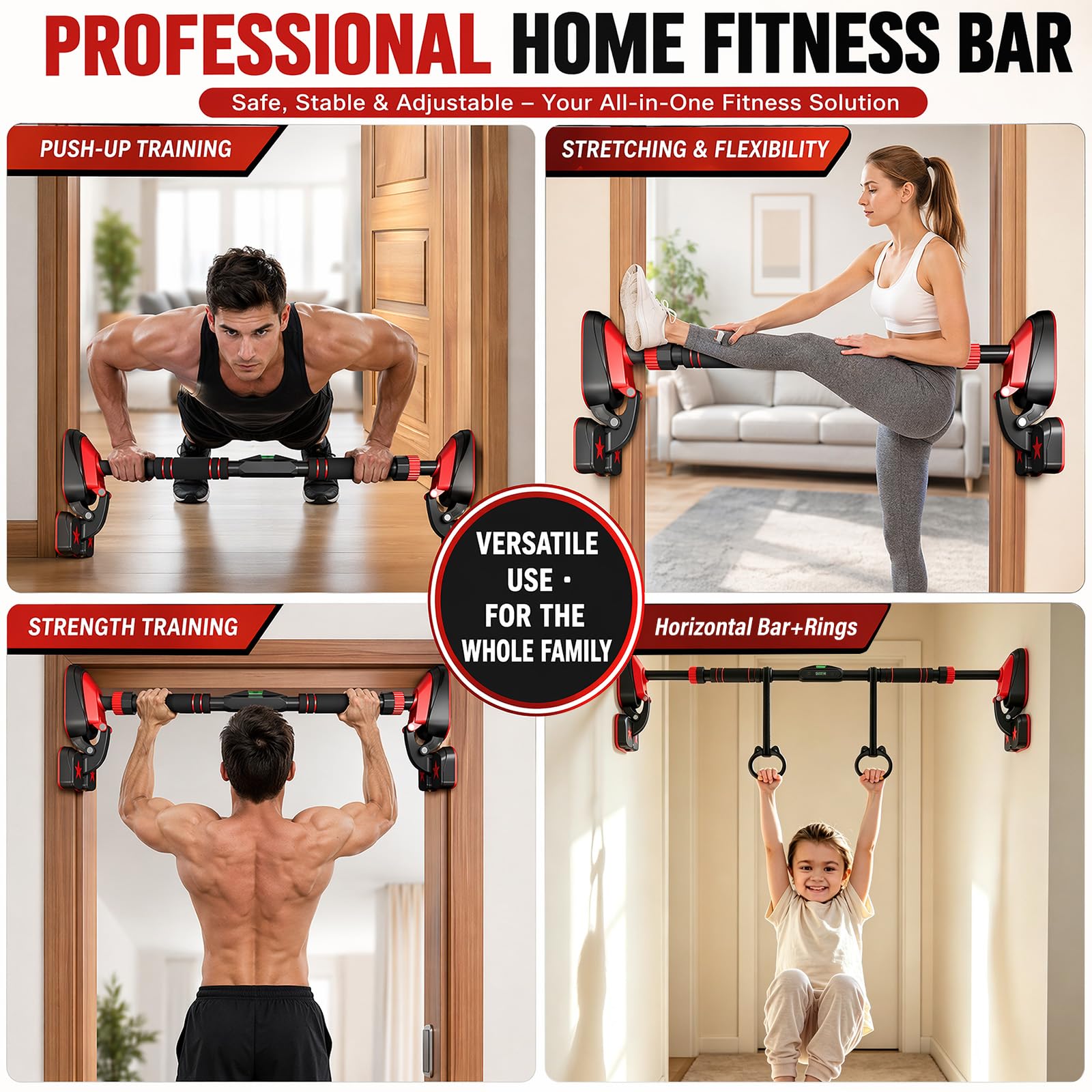 Barra de dominadas para marco de puerta, ajustable de 90 a 120 cm, montaje sin tornillos para un entrenamiento eficaz de la parte superior del cuerpo, soporta hasta 1280 kg para fitness y