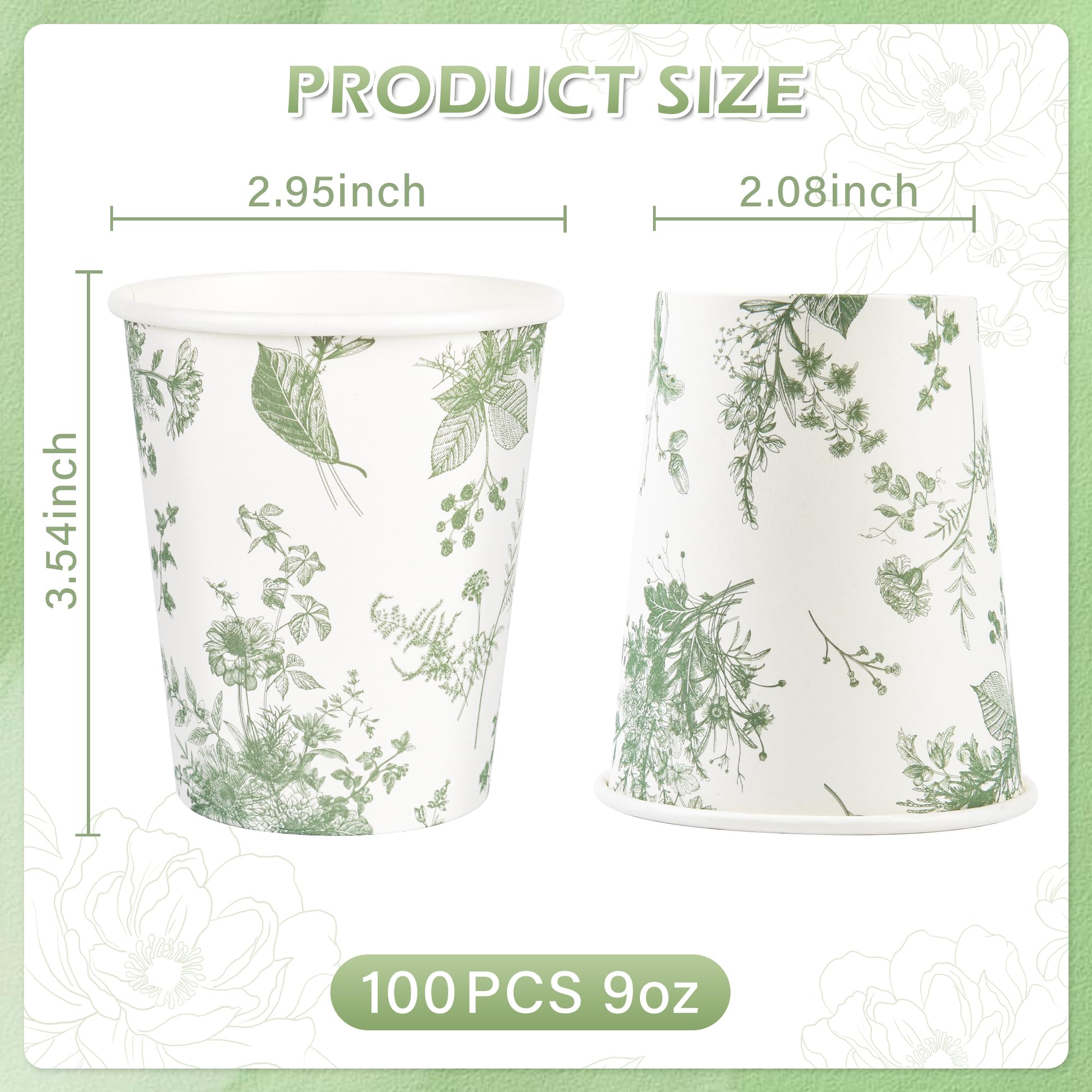 100 vasos de papel florales de color blanco salvia y flores verdes para fiestas, vasos desechables de 9 onzas para bebidas frías y calientes, suministros de fiesta de cumpleaños, baby shower