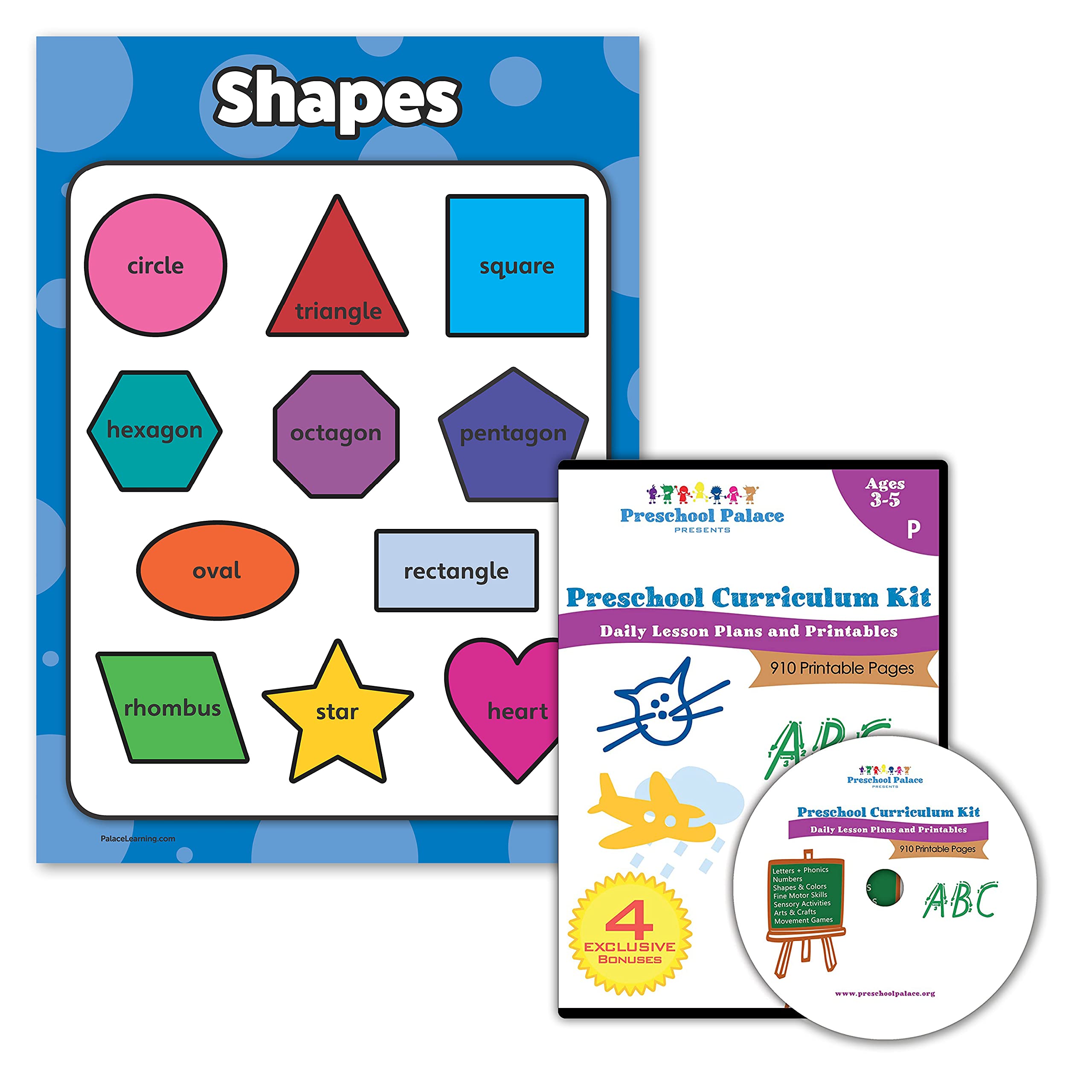 Buy 2 Pack Preschool Curriculum Kit on CD & Shapes Educational Poster Chart Laminated