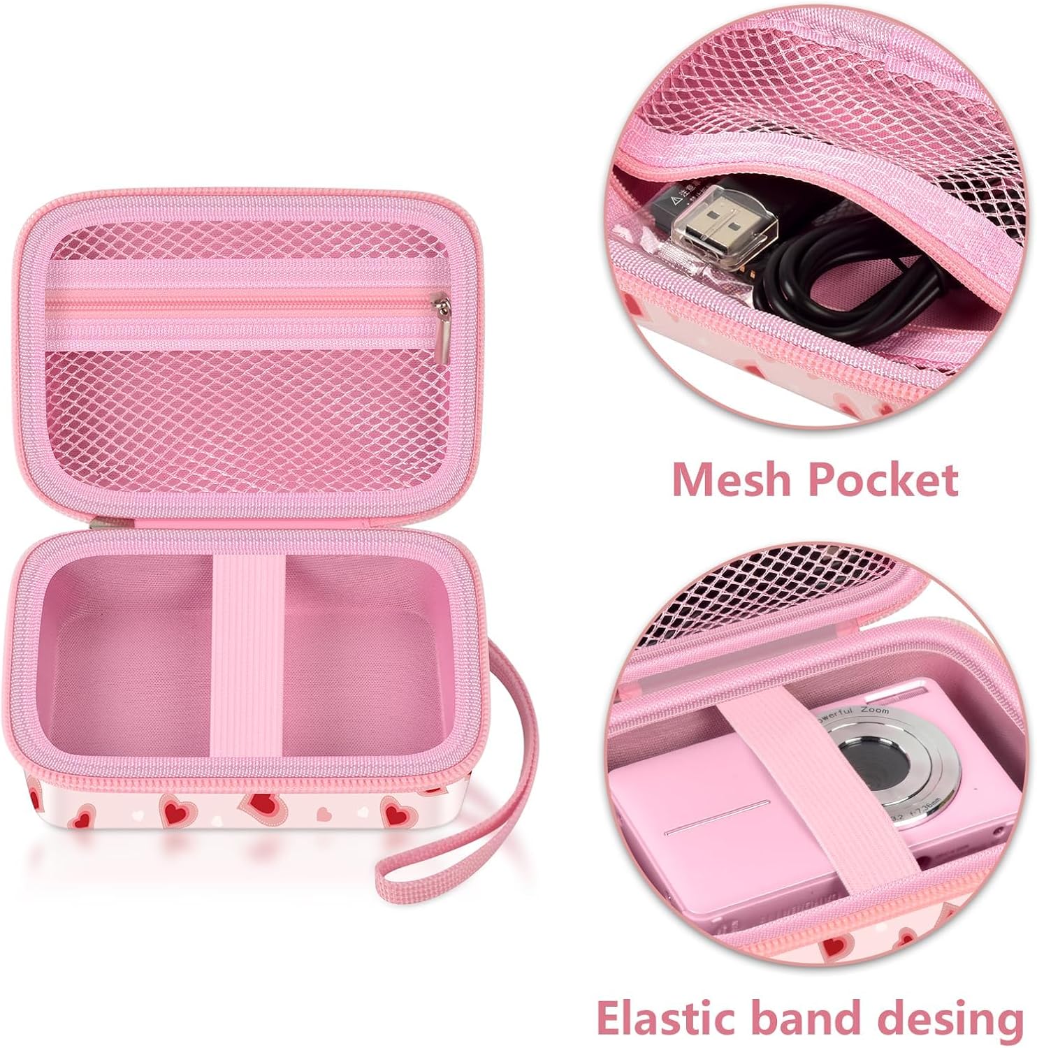 Hard Case for Kodak Pixpro, for Camkory 48MP FHD-Digital Camera Case & Small Camera Bag for Vjianger, for Lecran, for Polaroid for Sony for Canon-Shockproof Travel Pouch with Mesh Pocket(Light Pink) - Image 4