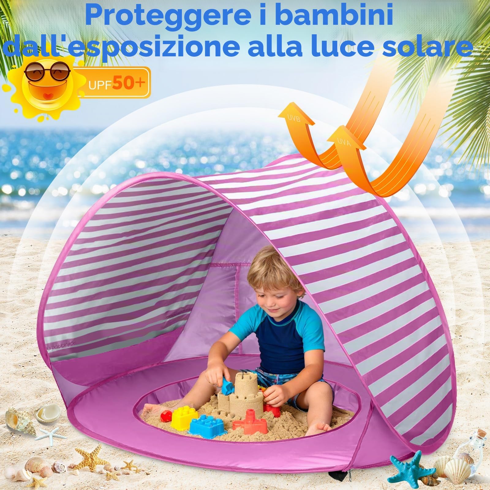 Tenda da Spiaggia Bambini, Tenda Istantanea Portatile, UPF 50+Tenda Spiaggia per 1-3 Persone, per Vacanza in Spiaggia Campeggio Viaggi - Rosa