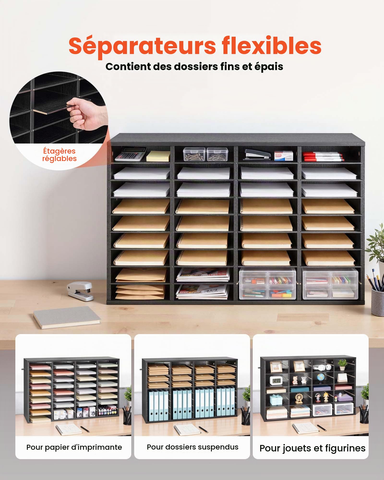 VEVOR Organisateur de Bureau en Bois, Trieur à 36 Cases avec Étagères Amovibles, pour Fichiers Documents Magazines École Maison, Casier à Courrier avec Panneaux de Particules, Classeur de Table Noir