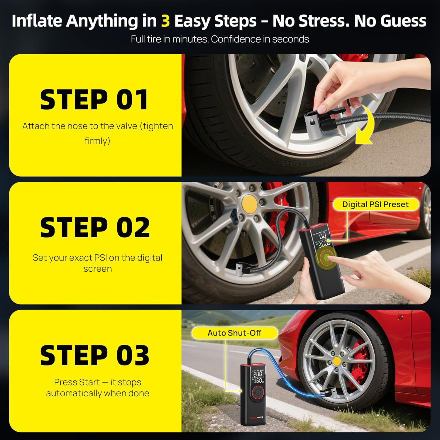 Tire Inflator Portable Air Compressor-3X Faster Inflation, 150PSI Air Pump for Car Tires with Digital Pressure Gauge/LED Light, Portable Tire Inflator for Car, Motorcycle, Bike, Ball - Image 7