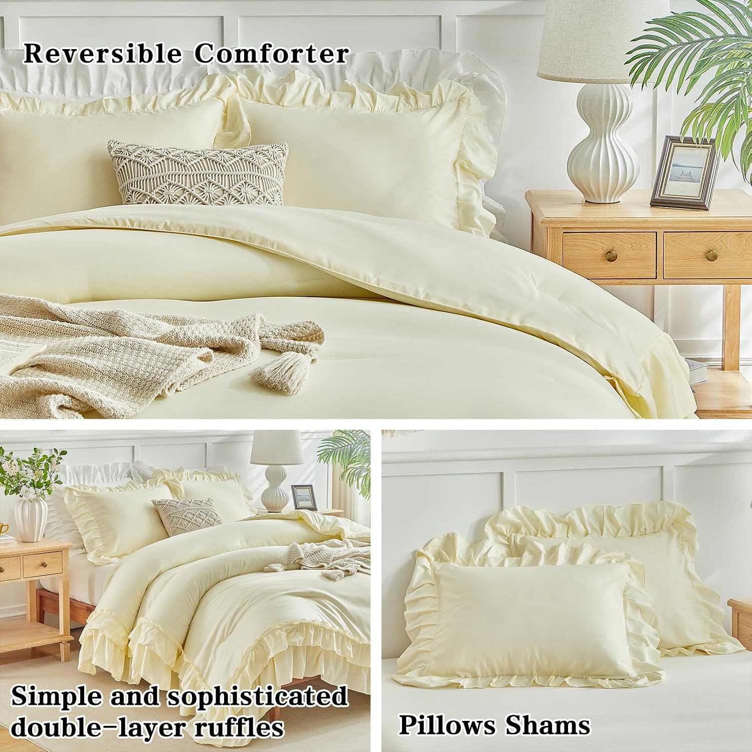 Flysheep Yellow Ruffle Comforter Set Twin Size, 3 Pieces Vintage Farmhouse Shabby Chic Comforters, Solid Color Lightweight Soft Fluffy Bedding Sets for Kids (1 Ruffled Comforter + 2 Pillow Shams)