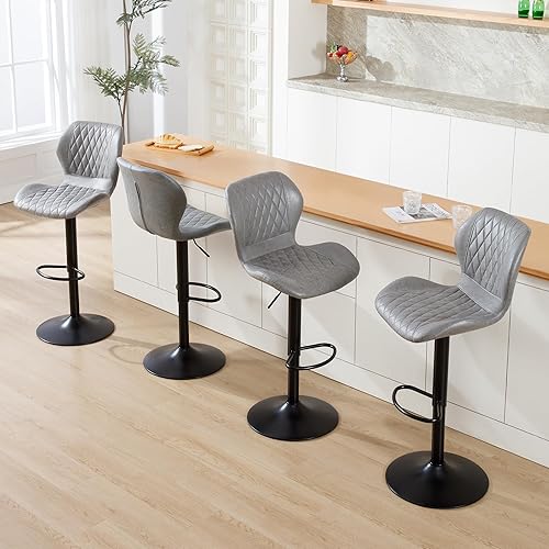 Miniatura 9 de Juego de 2 taburetes de bar, taburetes de bar ajustables con respaldo, modernos taburetes de barra giratorios de tela para sillas de isla de cocina,