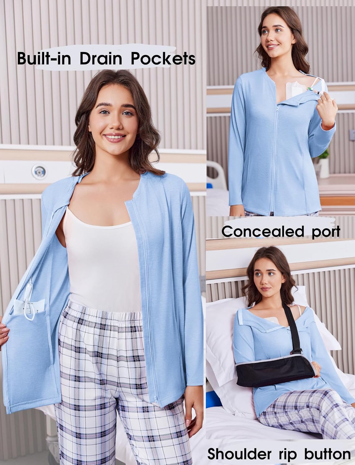 Deyeek Mastectomy Shirts with Drain Pockets Post Shoulder Surgery Tops for Women Chemo Port Long Sleeve with Zippers - Image 4