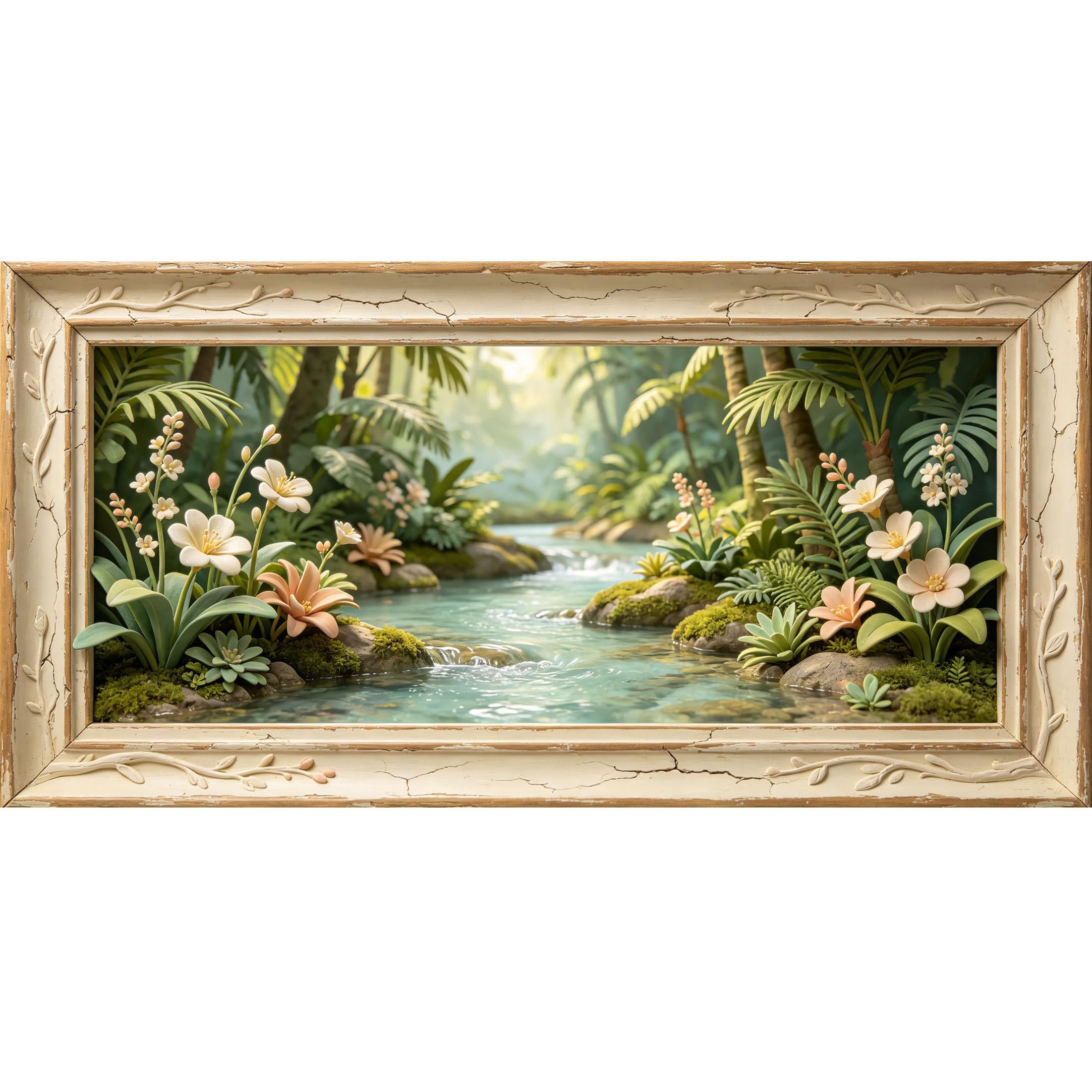 Agglomerix 3D Framed Wall Art Tropical River Palm Fern Flowers 3D Trompe L'oeil Large Size SelfAdhesive Removable Wall Decor Prints Artwork for Living Room Bedroom Office