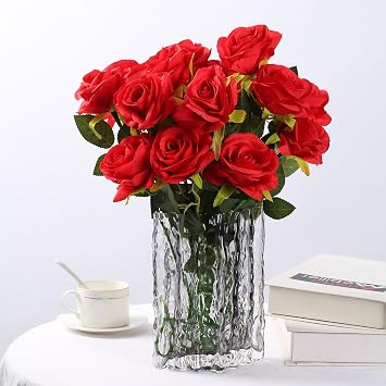 HNVNER 12 Pcs Red Artificial Roses Flowers, Fake Roses Faux Silk Red Flowers Bouquets with Stem for Wedding Home Decor
