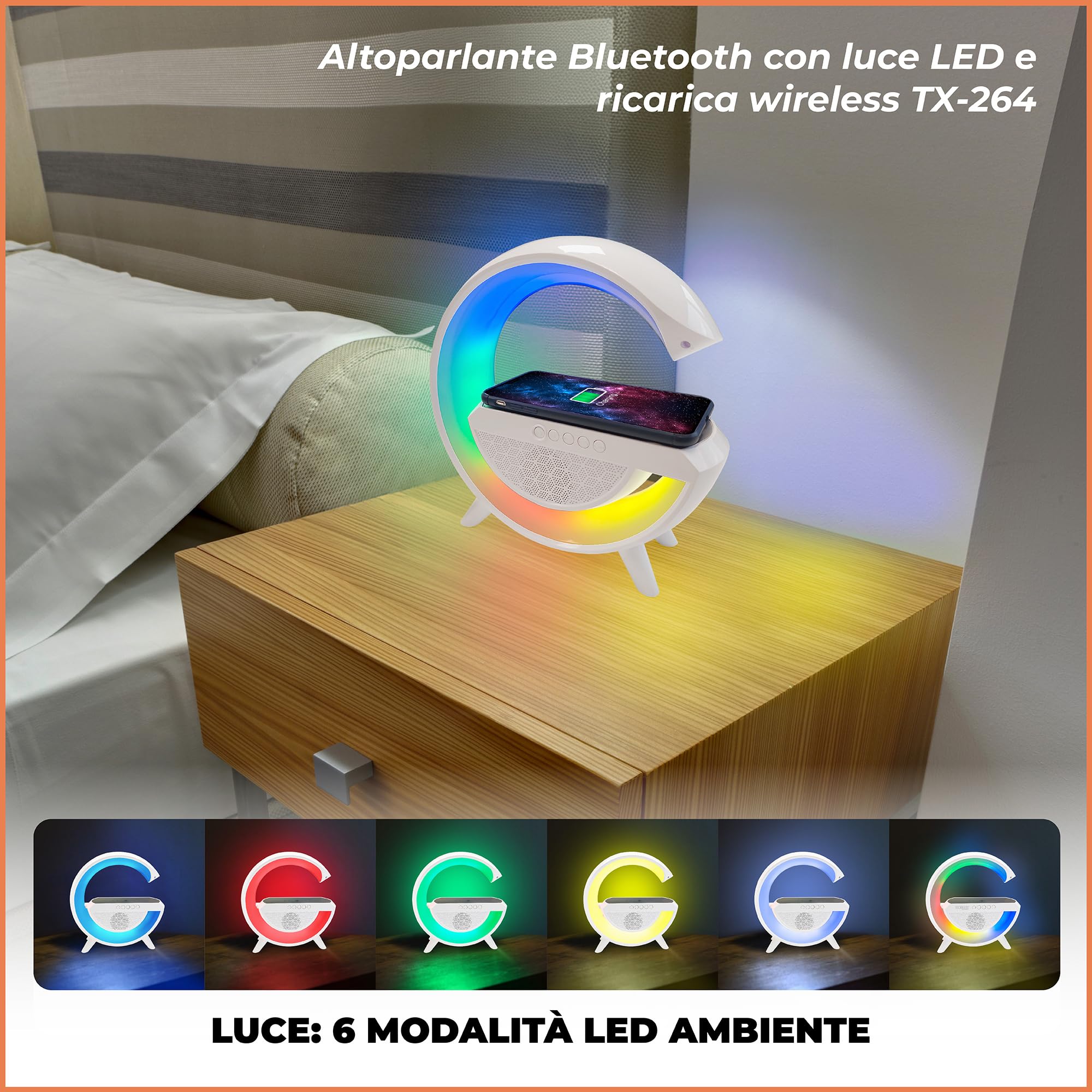 Technaxx Lampada da Comodino LED con Altoparlante Bluetooth e Ricarica Wireless 10W, Luce RGB Atmosfera, Caricatore Qi, USB MicroSD Radio FM AUX, Vivavoce, Stazione Multifunzione TX-264