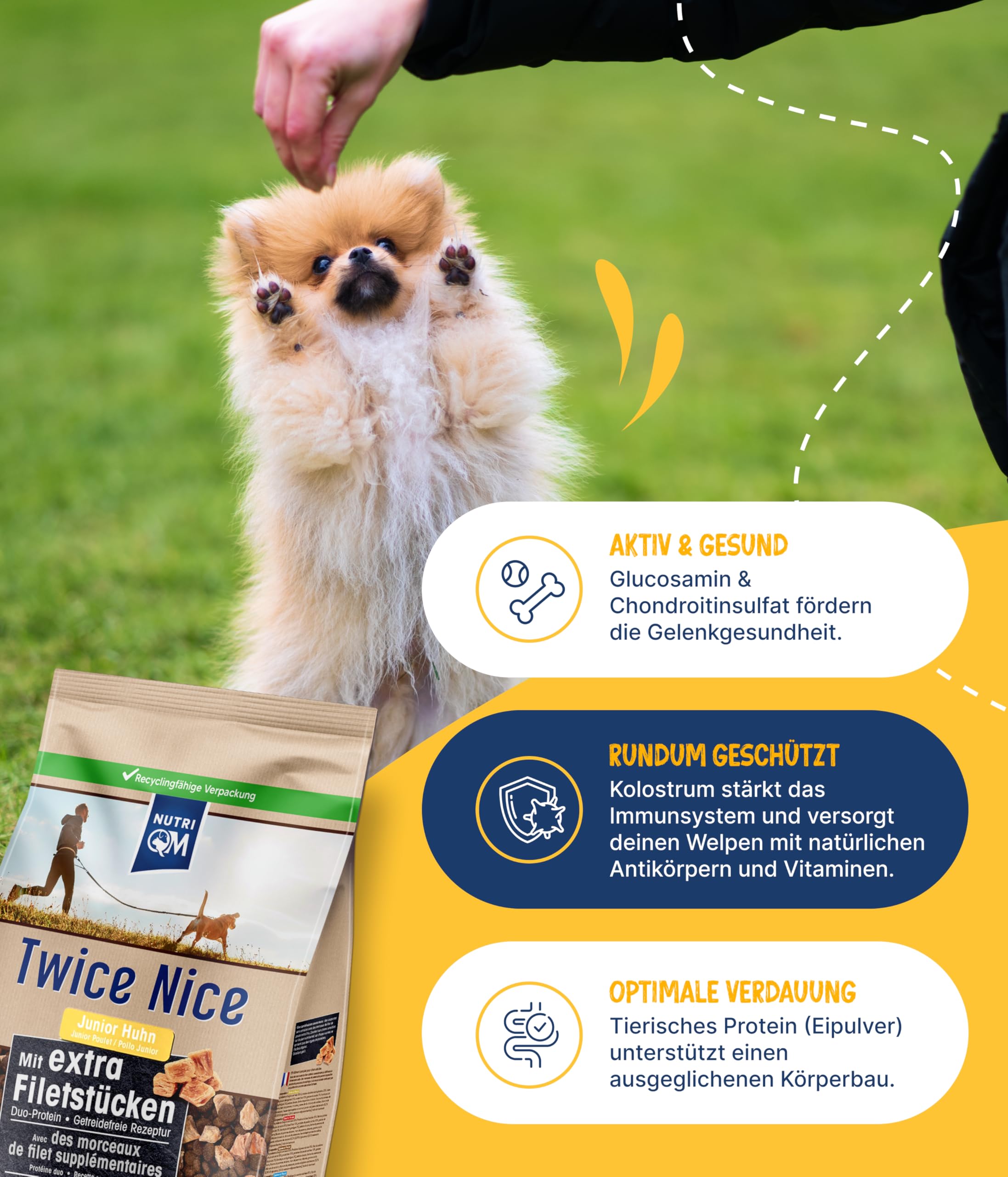 NutriQM® Twice Nice Junior Huhn | 2 x 4 kg | Getreidefreies Welpenfutter mit Filetstücken & Kolostrum | Junior Trockenfutter Hund bis 12 Monate | Duo-Protein & Leicht verdaulich | Made in Germany