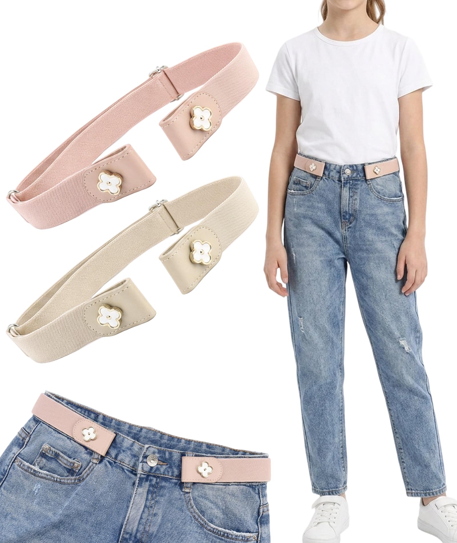 2-Pack Buckle Free Belt for Women, Chic No Buckle Invisible Waist Belts for Jeans and Dresses, White and Pink-image-49