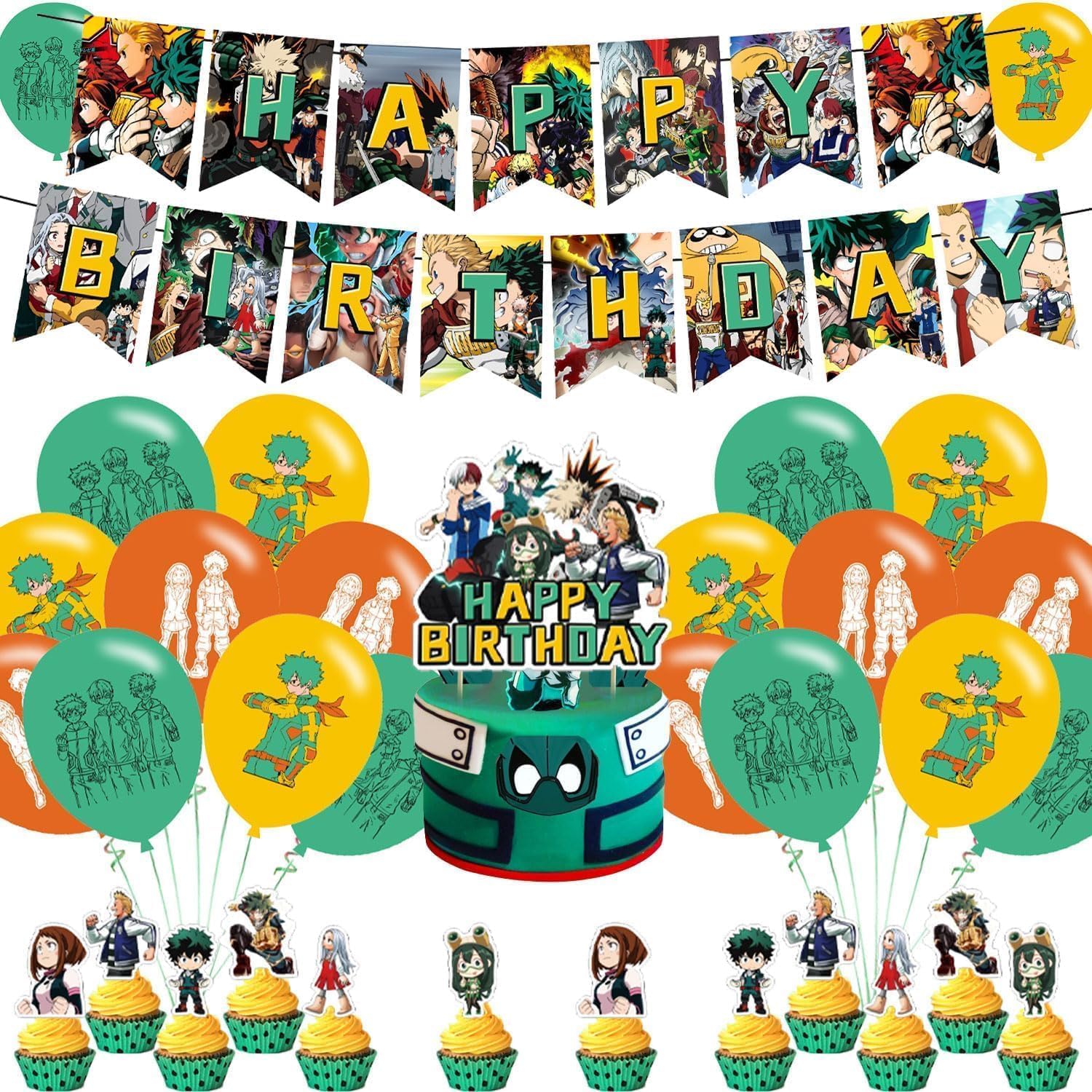 Academia of My Hero Party Decorations,Birthday Supplies For Cartoon 4 Includes Banner Cake Topper 12 Cupcake Toppers 18 Balloons