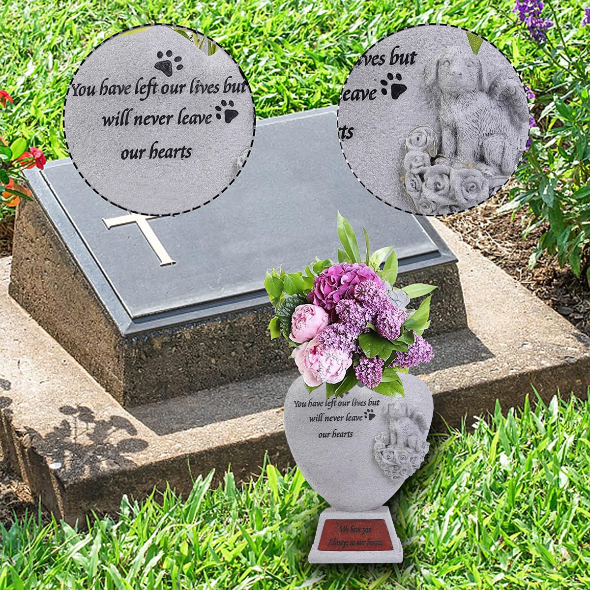 Cupholderlight Dog Memorial Grave - Cemetery Vase with LED Lights, Tomb Decoration with Engraved Plaque, Mourning Dog Condolence Gift, Sympathy Commemorative for Pet Loss