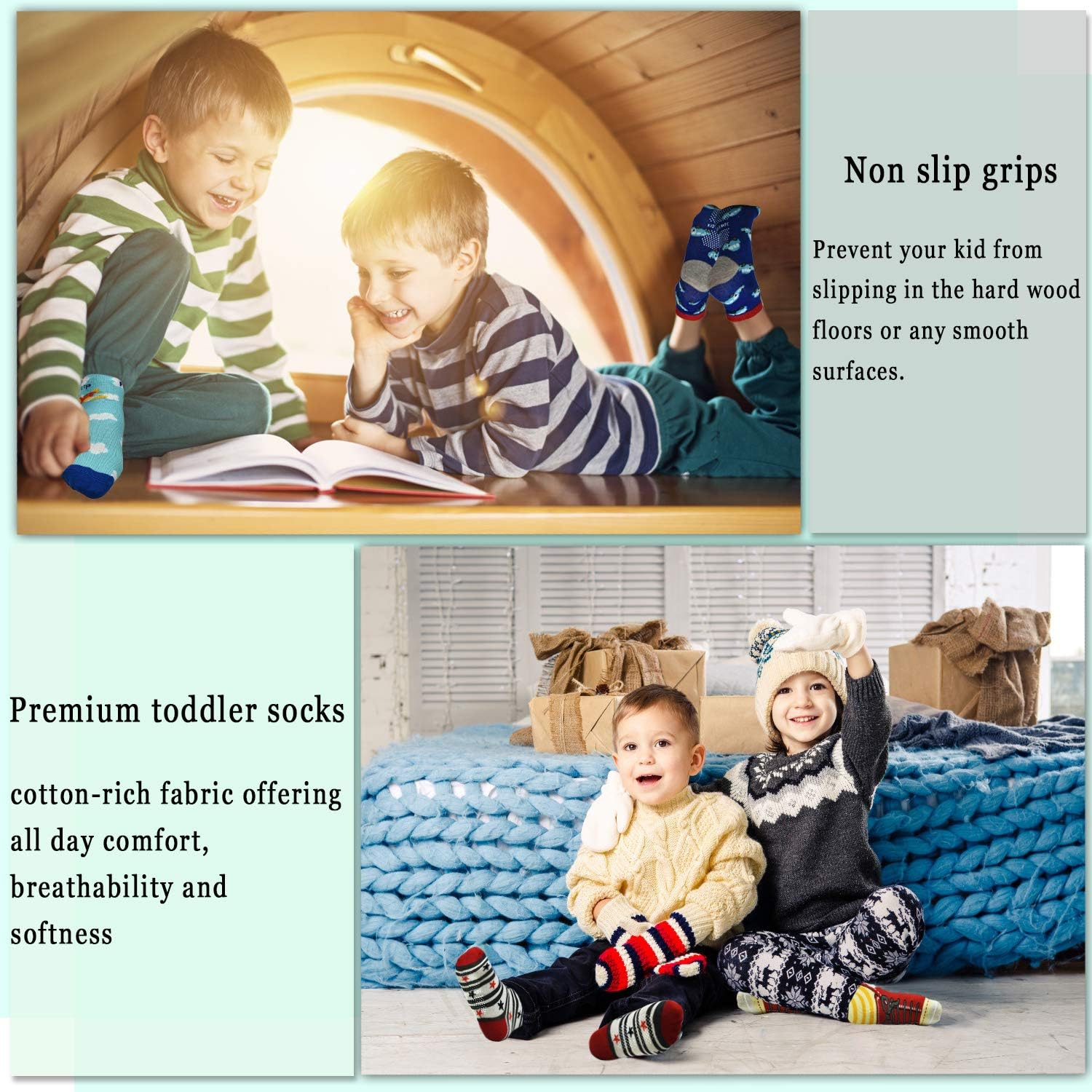 Tphon Toddler Boy Socks with Grips 12 Pairs Kids Anti Slip Cotton Crew Socks for Boys, Girls 1-7 Years - Image 4