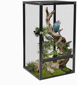Reptile Pet Feeding Net Box,Aluminum Alloy Mesh Cage,17.7"x17.7"x31.5" Micro Habitat Terrarium Enclosure for Chameleons,Lizards,Snakes,and Small Animals