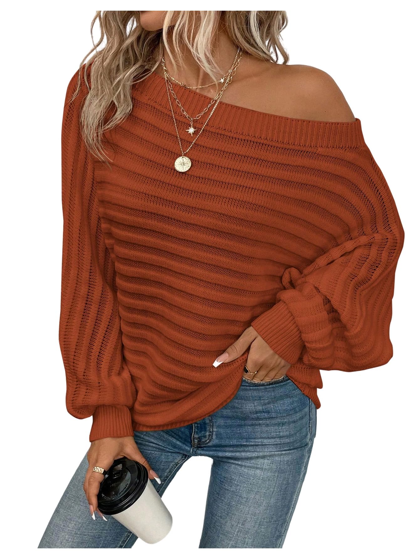 SHENHE Womens Plus Size Sweaters Off The Shoulder Bat Wing Long Sleeve Tunic Sweaters Jumper Top