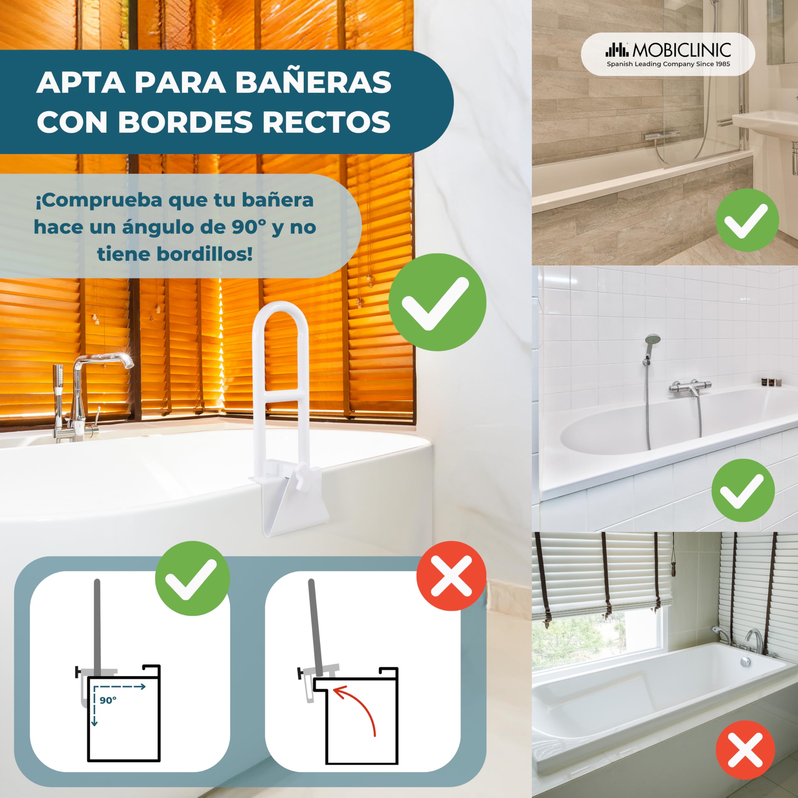 Mobiclinic®, Asa para Bañera Regulable, Bañeras Borde Liso (4.5-13.5 cm), Asidero Ergonómico, Máx. 100 Kg, Uso Clínico y Doméstico, Seguro y Funcional, Acero Blanco, Mobibary