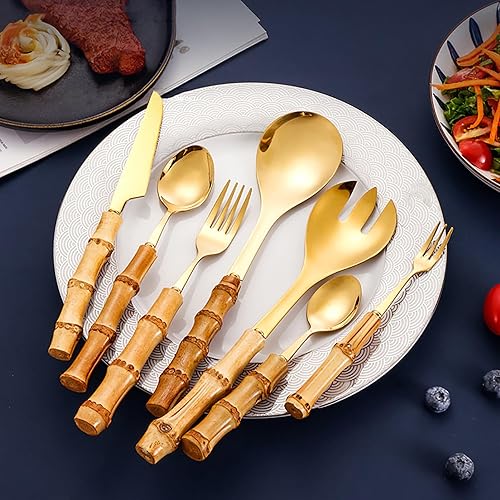Miniatura 9 de Juego de cubiertos de bambú para 8,56 piezas de acero inoxidable 188, juegos de cubiertos con mango de bambú, juego de tenedores y cuchillos de