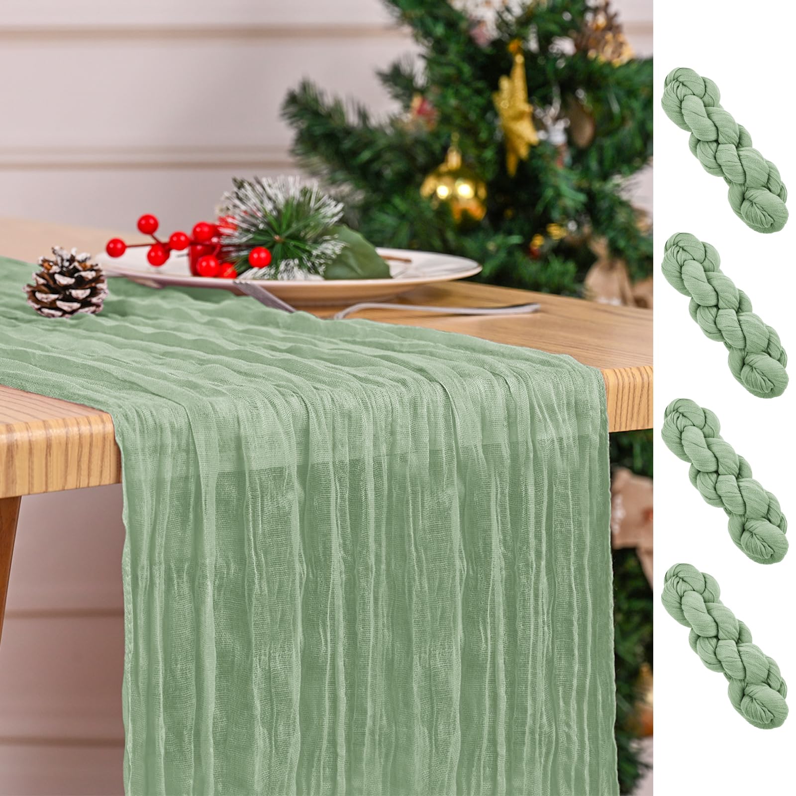 4 Pack Sage Green Table Runner 17 x 108inch Cheesecloth Table Runner Boho Gauze Table Runners for Dining Table Rustic Sheer Fabric Table Runners for Wedding Party Bridal Shower Spring