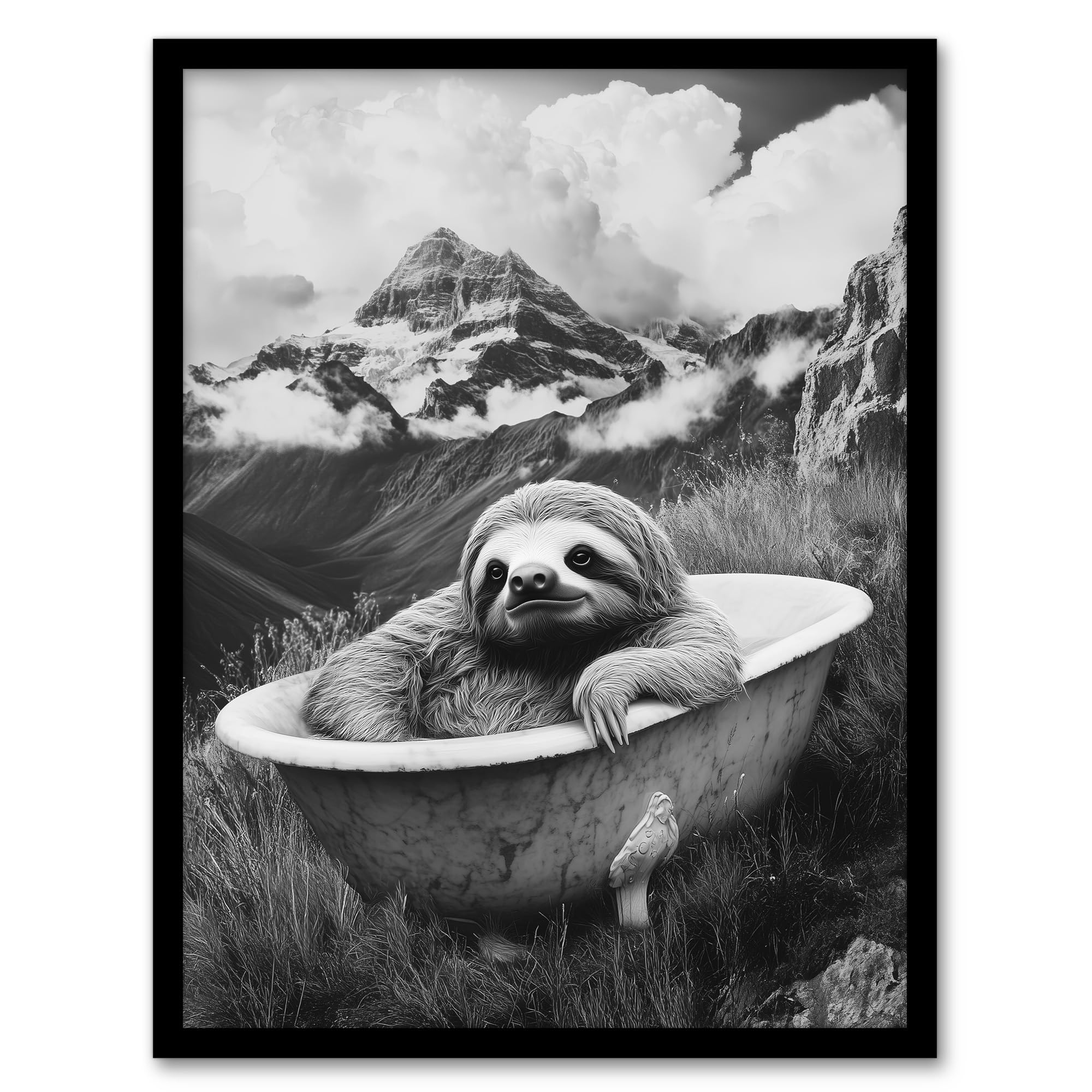 Artery8 Sloth in Bathtub on Mountain Black White Surreal Bathroom Toilet Artwork Framed Wall Art Print A4