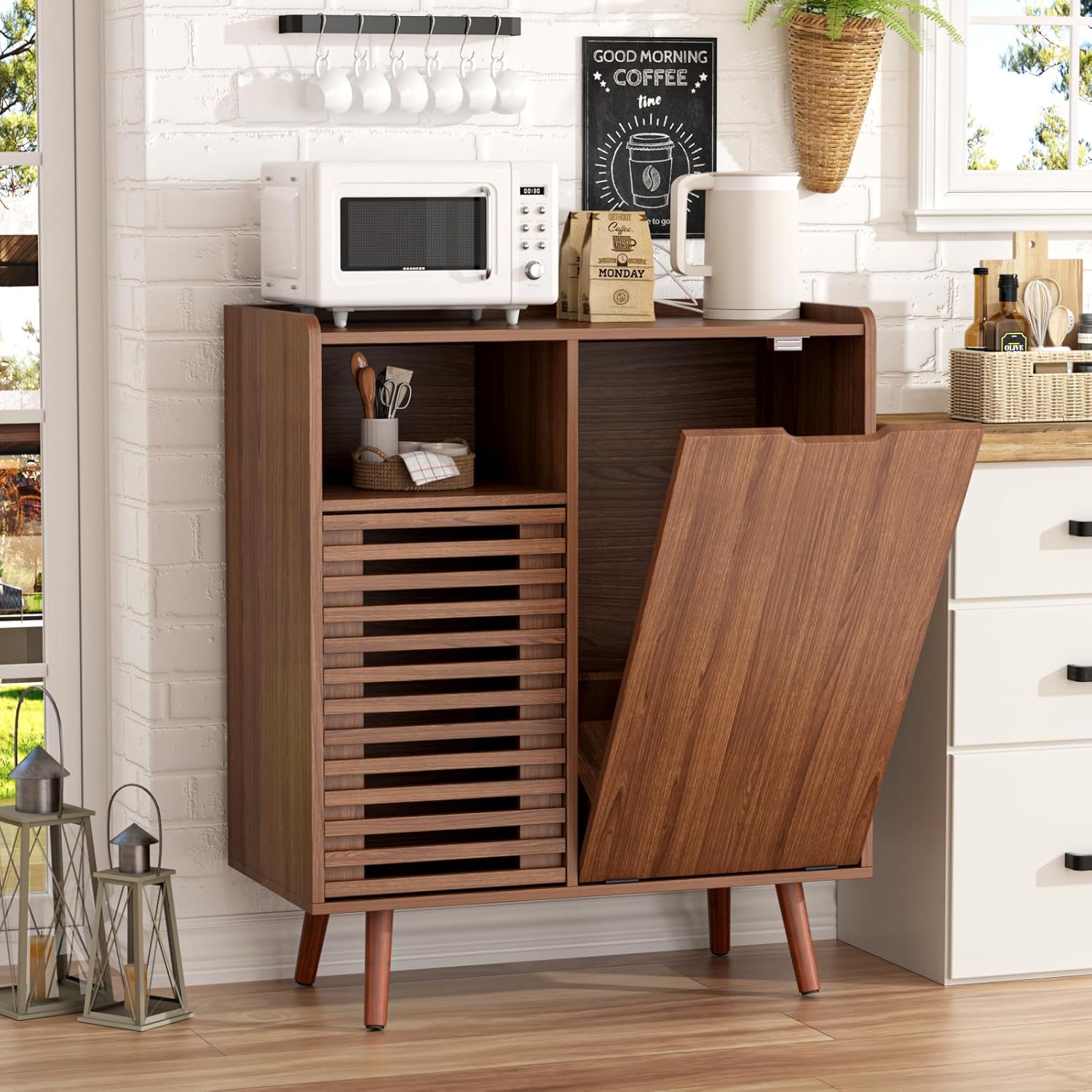 Storage Cabinet with slatted Door, Tilt Out Trash Can Cabinet for 10 Gallon Wooden Dog-Proof Recycling Bin with Hidden Laundry Basket for Kitchen Island and Dining Room, Walnut