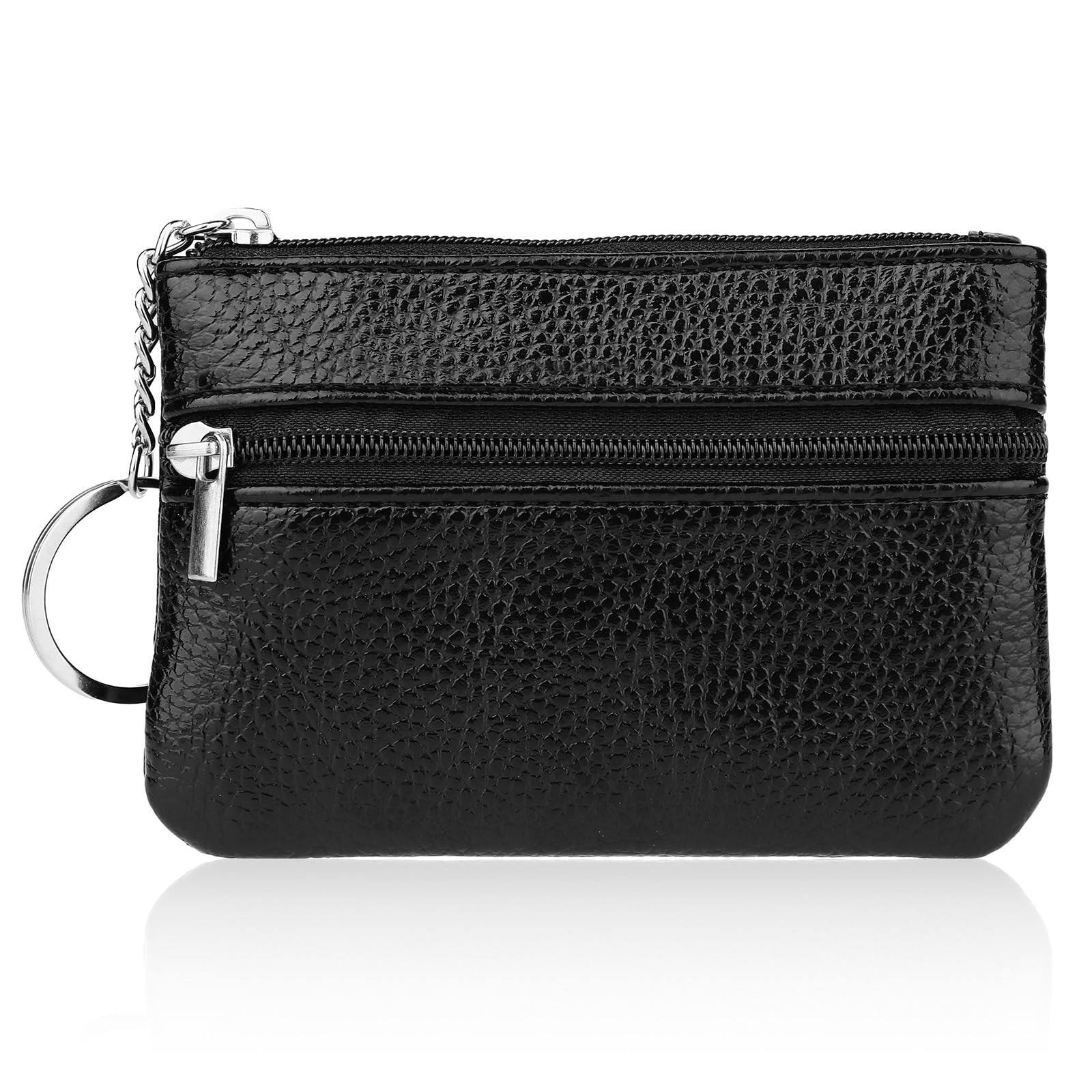 KALIONE Mini Coin Purse with Key Ring, Pu Leather Portable Change Wallet with Double Zipper, Black Mini Pocket Coin Purse Pocket for Women, Wallet Keychain