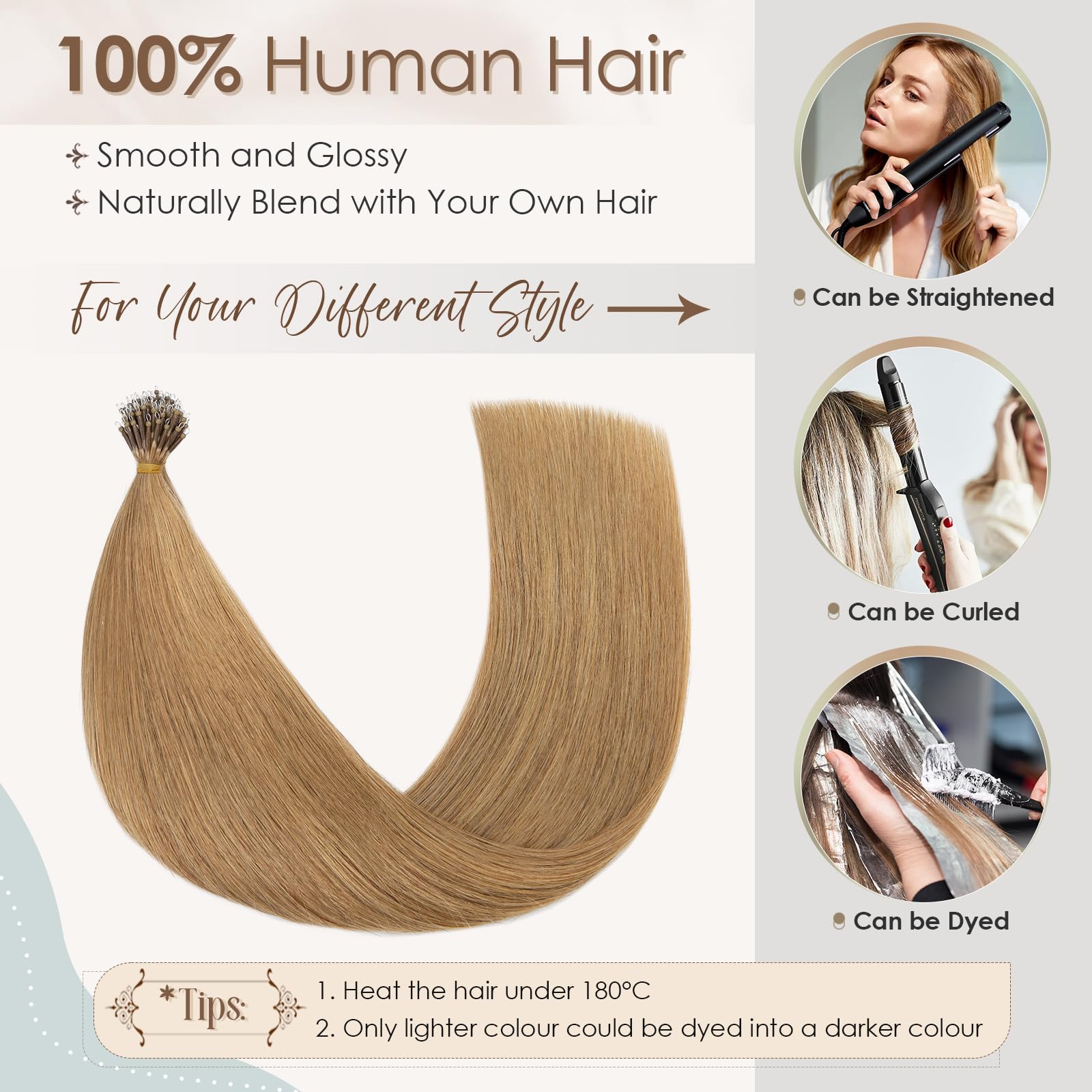 Elailite Nano Beads Hair Extensions Real Human Hair 50 Strands 50g Nano Rings Nano Tip Cold Fusion Remy Hair Straight (#27 Dark Blonde - Image 4