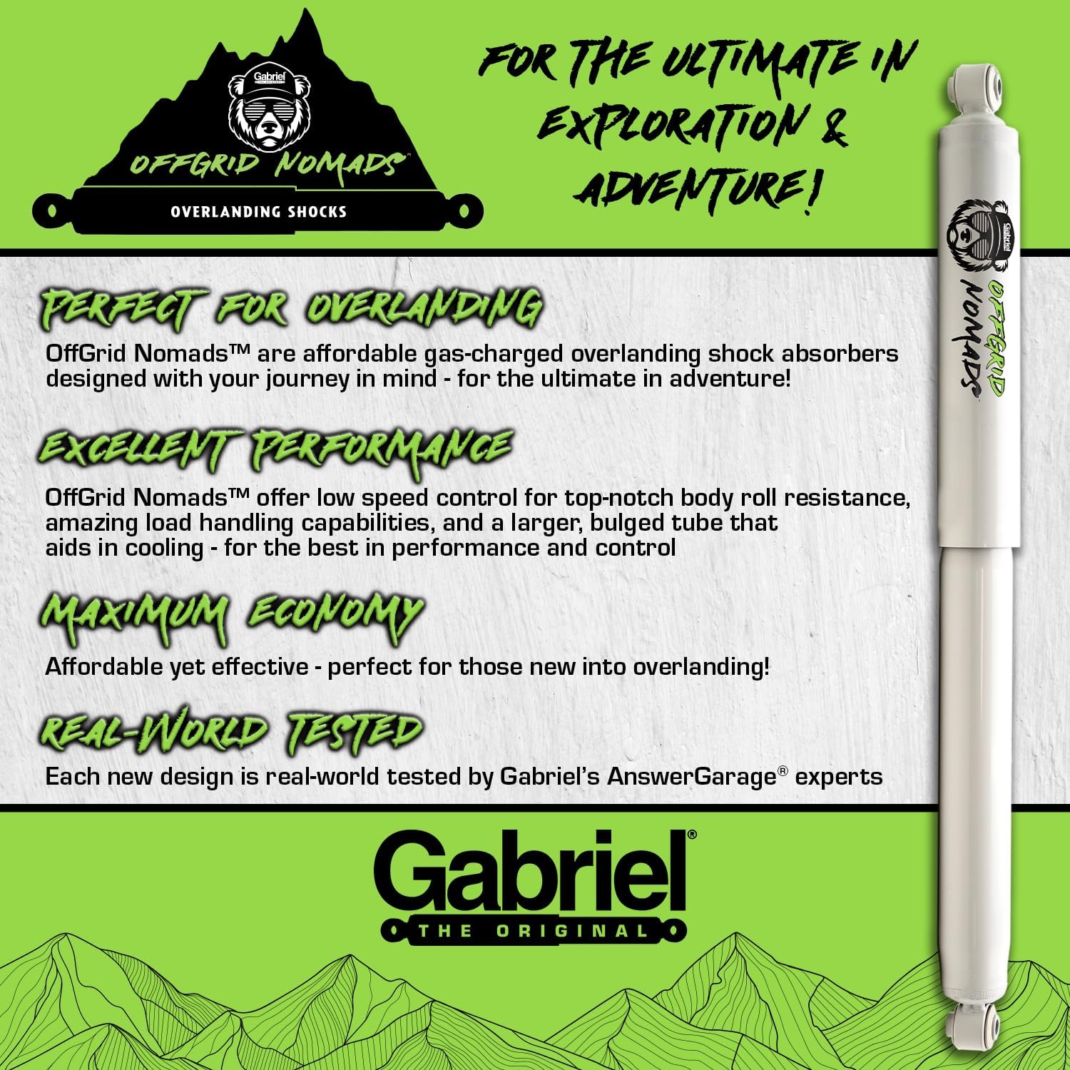 Gabriel OffGrid Nomads NM1019 Front Shock Absorbers Fits Chevrolet Express & Savana 1500 1500 AWD 2500 3500; Heavy Load, All-terrain, Off-Road Stability (1 Pack)