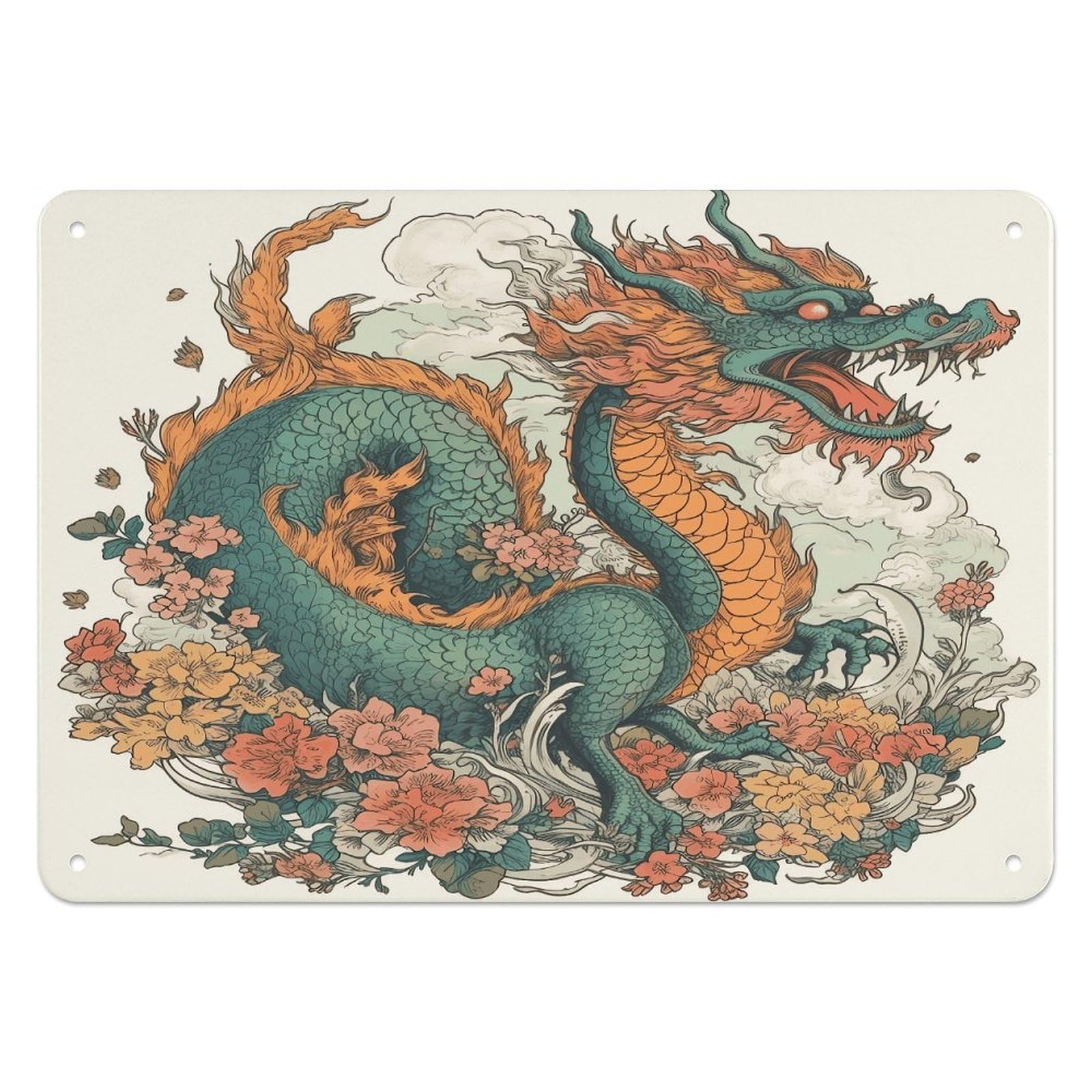 Fodpand Style Flowers And Dragons Retro Vintage Metal Tin Sign,Wall Art Decor Garden Plaque Poster For Bedrooms Yard Bars Pubs Patios Porches 7.9X5.5 Inch