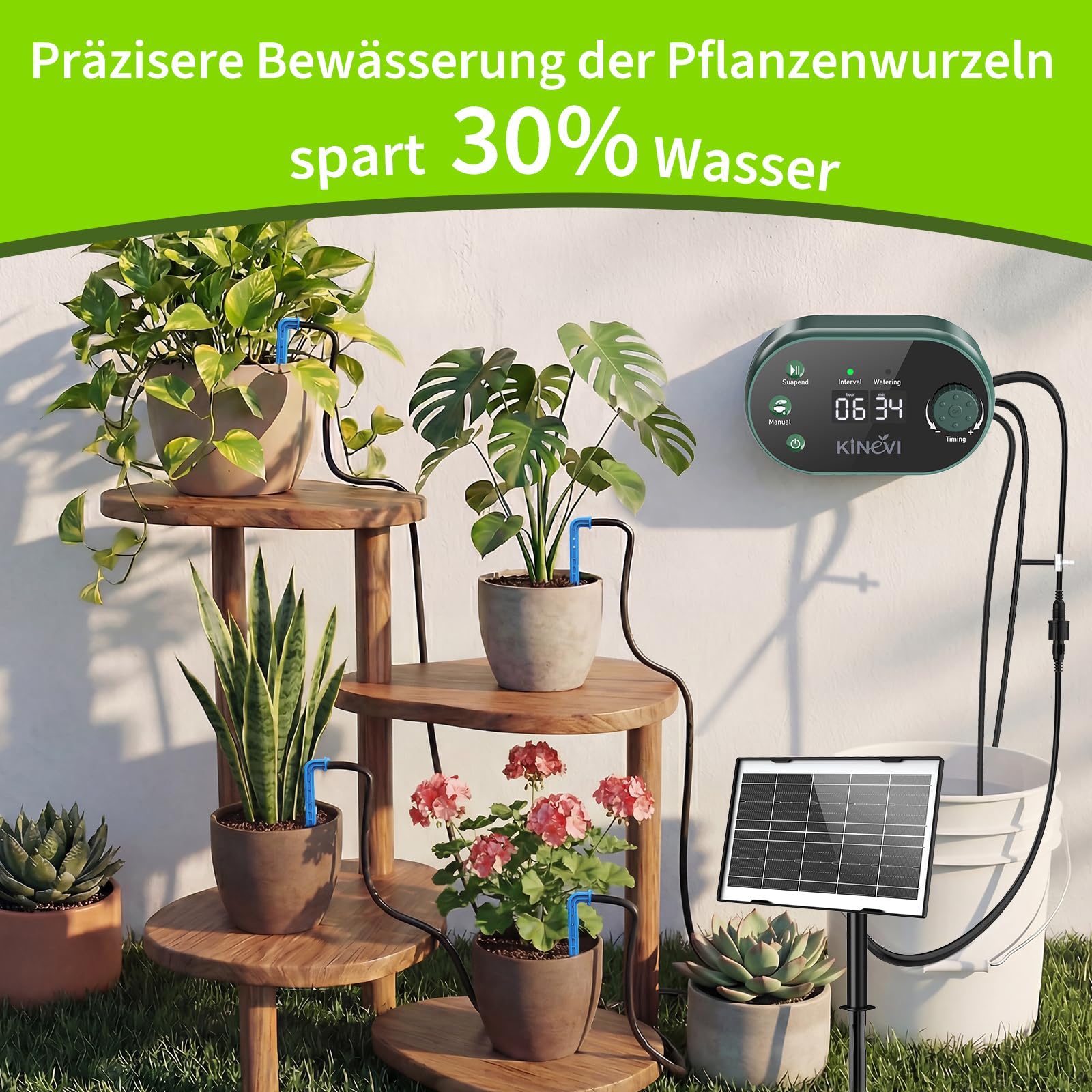 Solar Bewässerungssystem, Garten Automatisches Bewässerungs mit 22 Modi Timer, 15M Schlauch & 15 Tropfstrahler, Tropfbewässerung Set für Balkon, Hochbeet, Gewächshaus & Outdoor Topfpflanzen (3W)