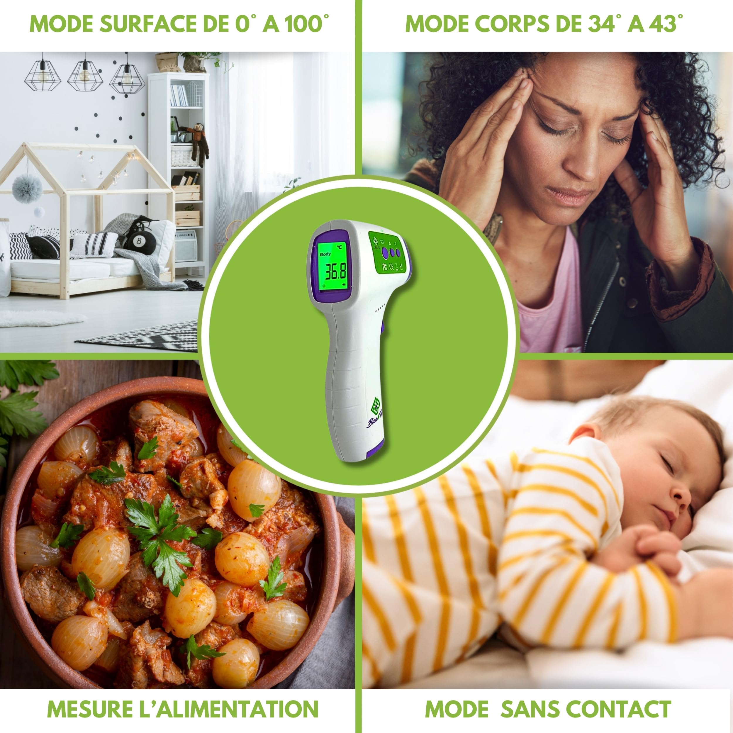 Oxymètre de doigt professionnel + thermomètre frontal adulte/bebe/enfant, sans contact, mesure corps et surface, écran à LED, sac de transport/piles incluses/notice en Français