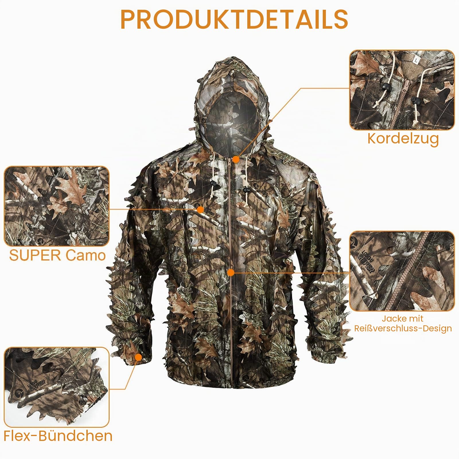 LOOGU 3D-Ghillie-Anzug mit Blättern, leicht, Camouflage-Anzug für Erwachsene, ideal für Airsoft, Jagd, Tierfotografie, Vogelbeobachtung, Halloween, Schießen…