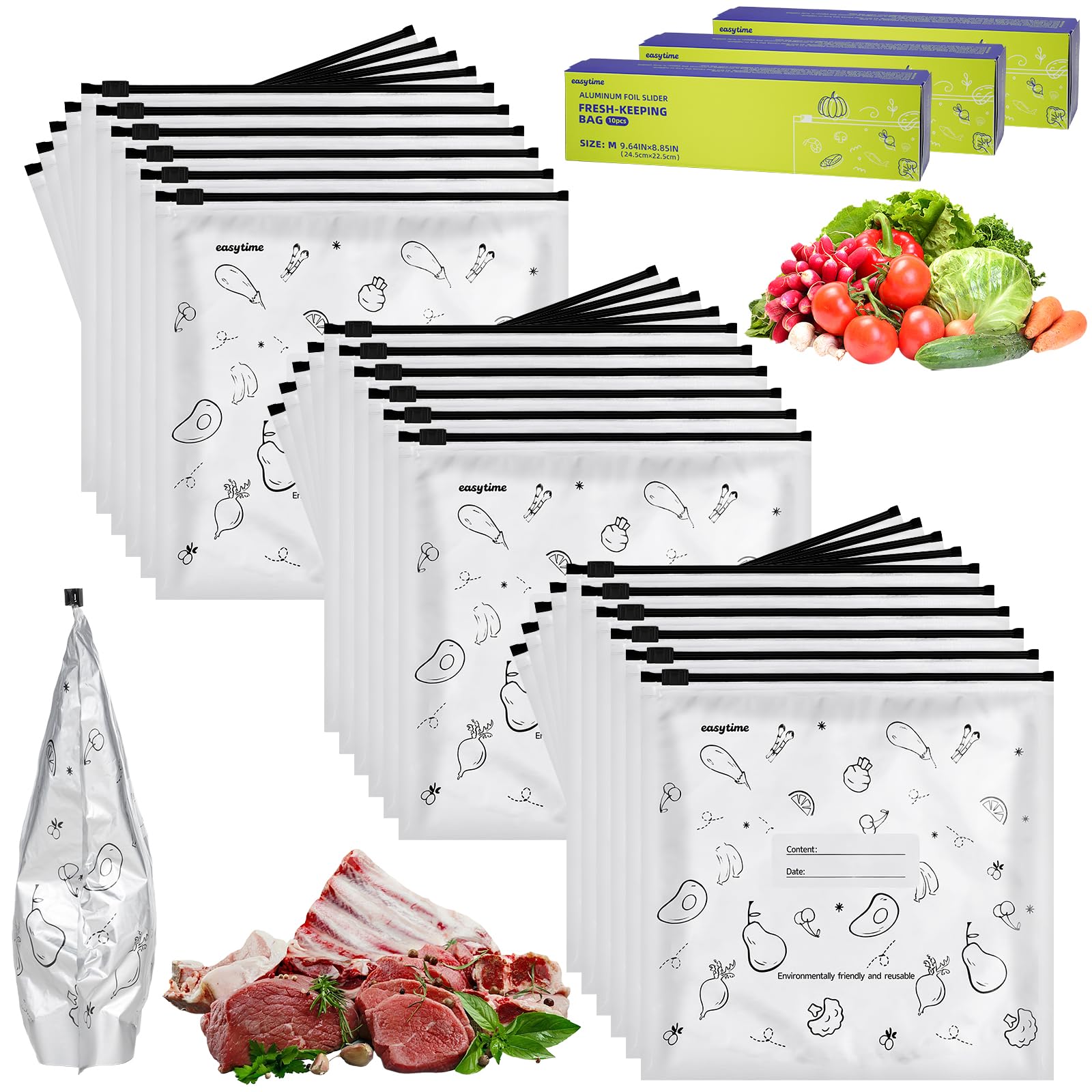 Cherrypick 30 Pcs Reusable Aluminum Foil Freezer Bags, Leak Proof & Heat-Resistant Zipper Sealable Bags for Food Storage, Stand Up Freezer Bags with Label for Sandwich, Snack, Vegetable, Meat (M)