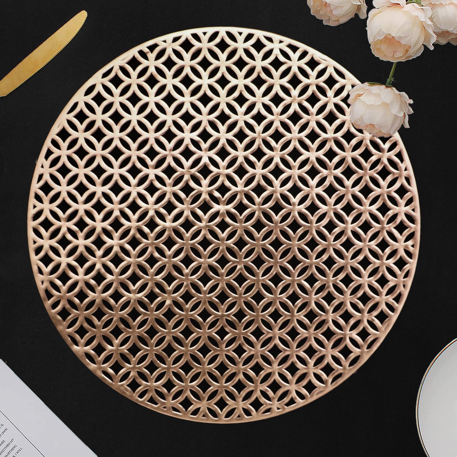 Dakshya IndustriesPVC Pack of 2 Crossing Round Shape Cutwork Design for Kitchen, Restaurant, Dining Table mats and Dressing Table mats (Gold)