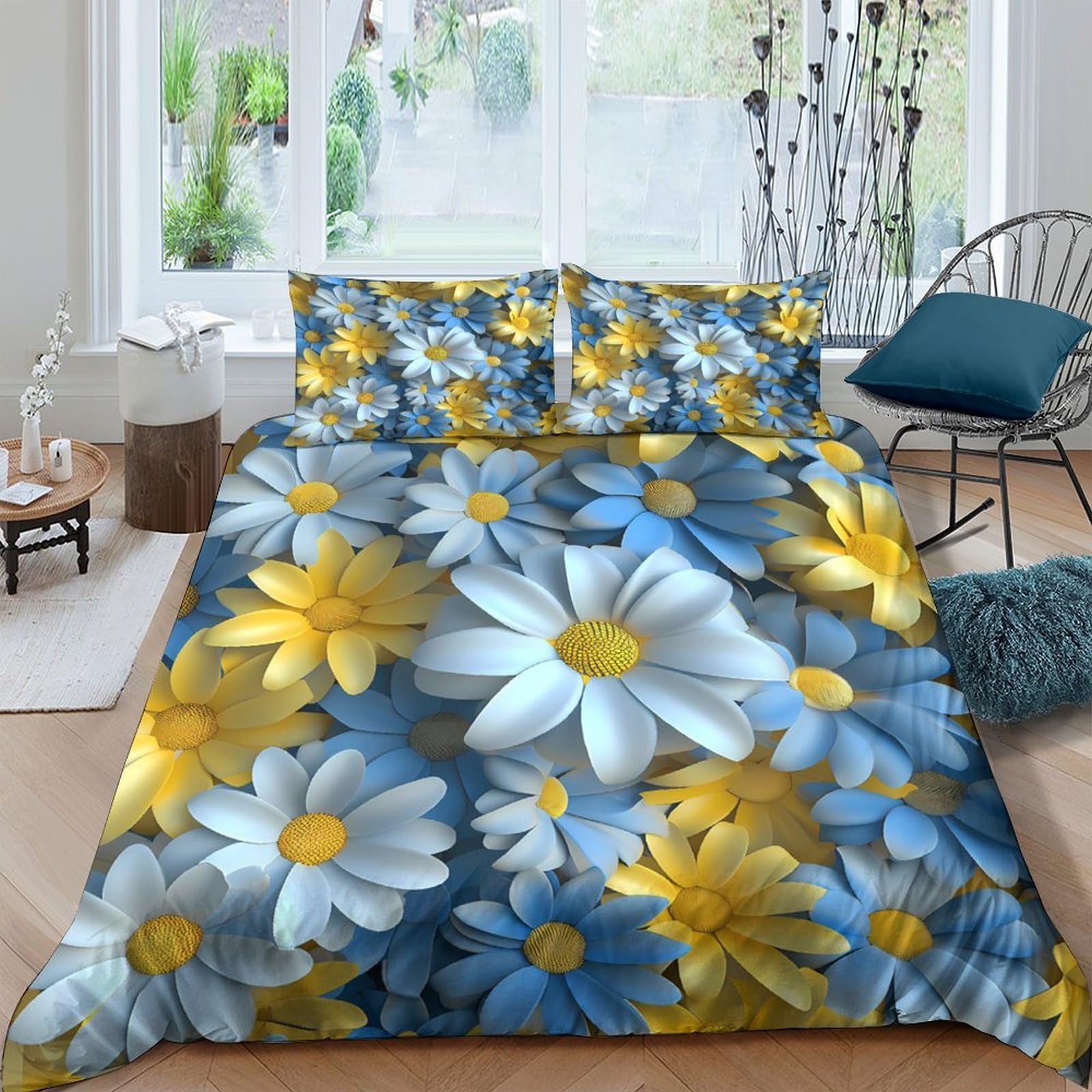 Ctjqhvkz Style-8 3D Printed Blue Daisy Fitted Sheet Microfiber Soft Yellow Flower Bed Cover For Bedroom Guest Room Machine Washable Decor Single（135X200cm）