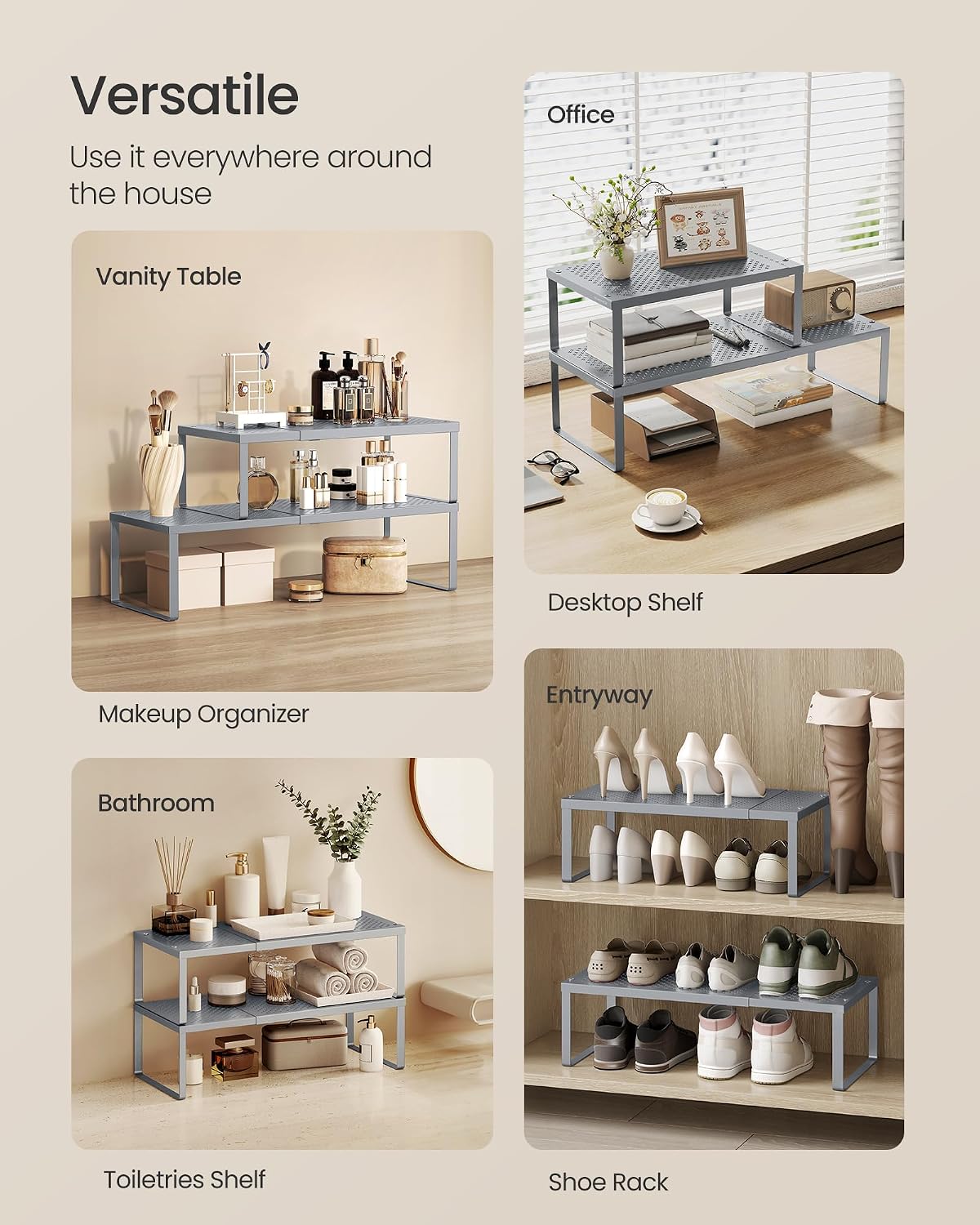 SONGMICS Spice Racks, Set of 2 Expandable Kitchen Countertop Shelves, Small Cupboard Organizers, Metal, Space-Saving Tabletop Shelves, Silver UKCS402FG01