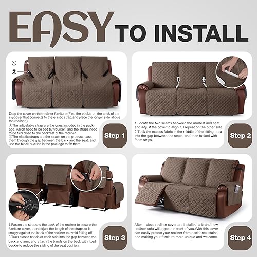 Miniatura 5 de KinCam Fundas de sofá reclinable 100% impermeables, antideslizantes para sofá reclinable de 3 plazas, protector de muebles con correas elásticas
