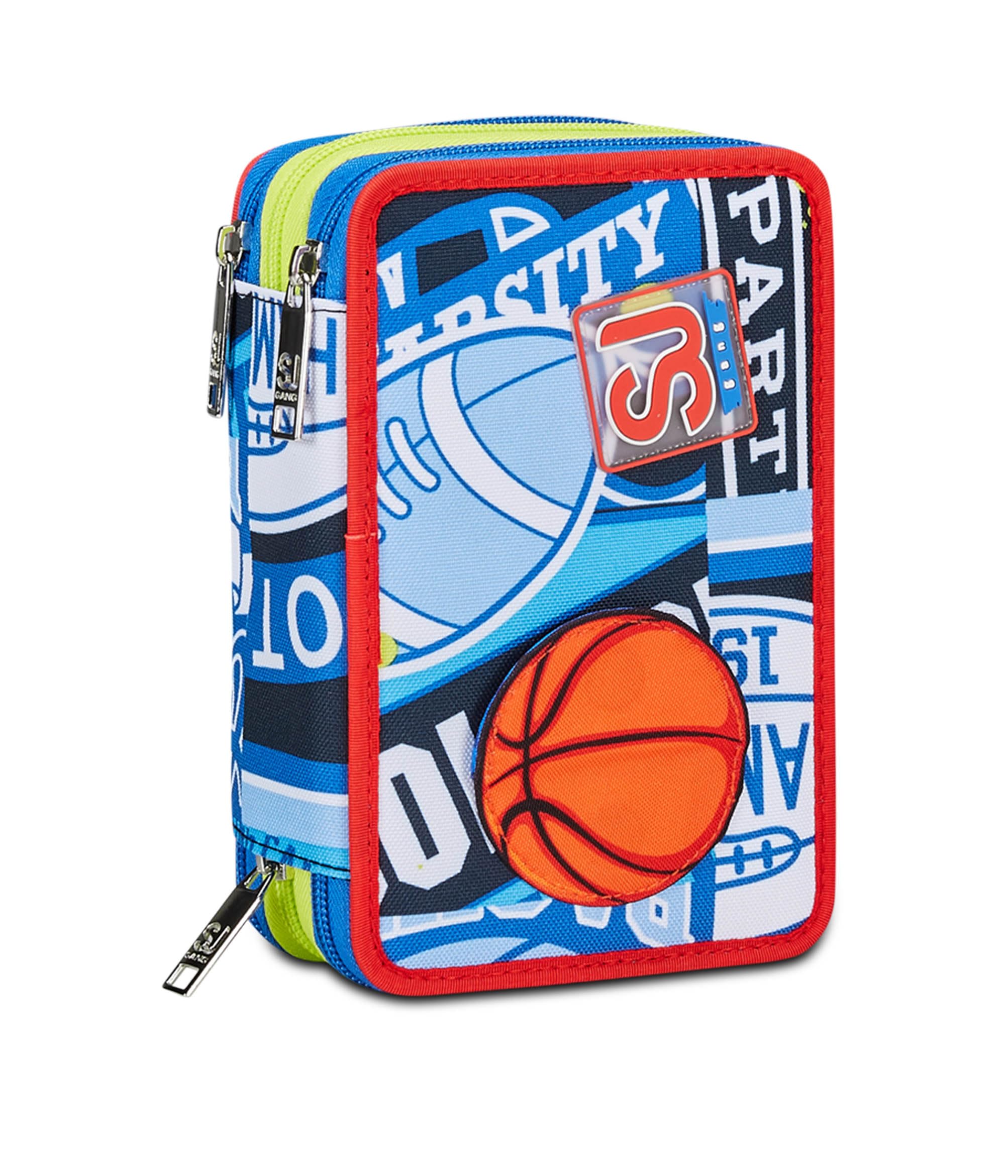 SJ Gang Astuccio Scuola 3 Zip, Blu, RealBasket, Portapenne Triplo Scomparto Completo Di Penne, Matite, Colori, Accessori Zaino, Elementari, Medie, Bambino, 30C202406-535
