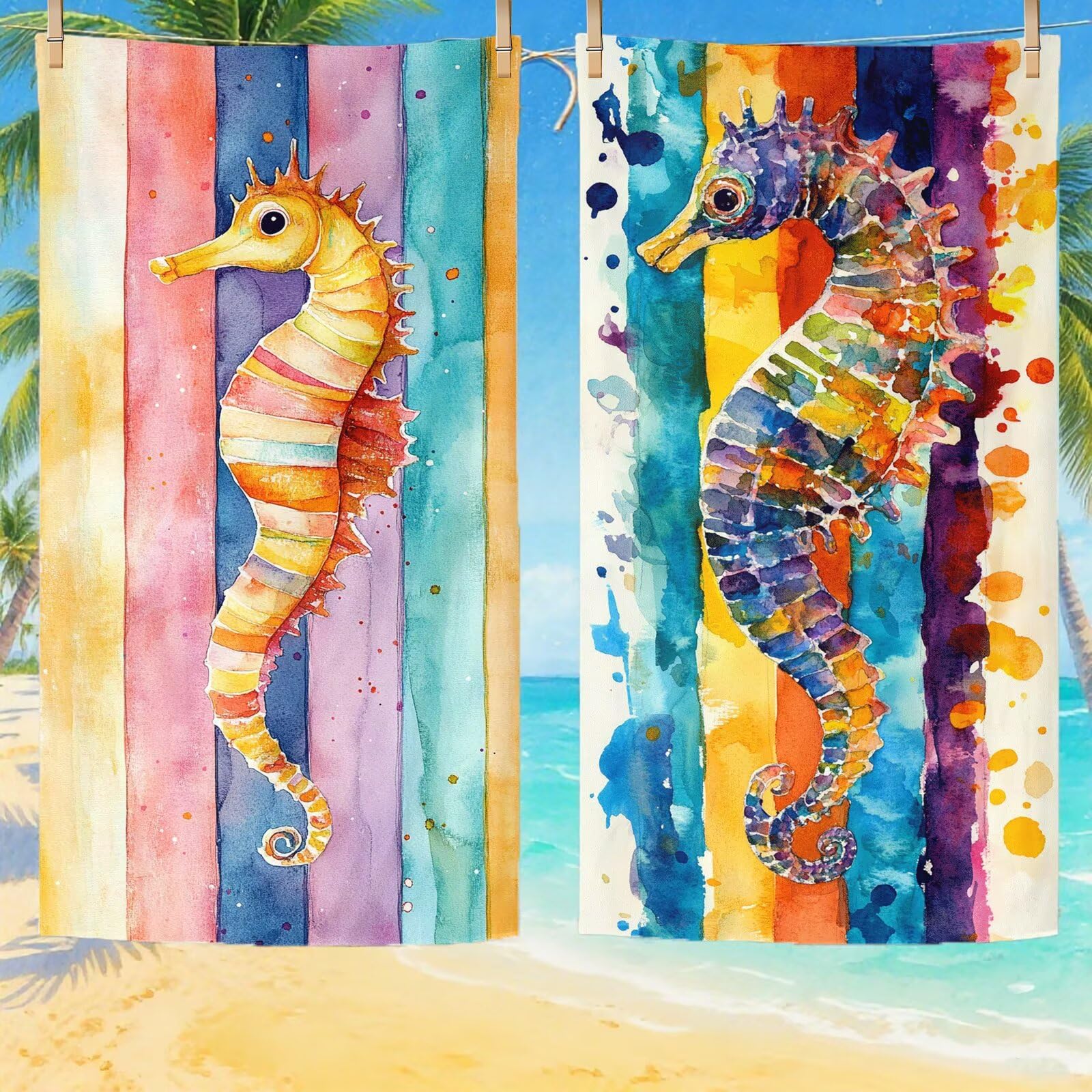 Serviette de Plage XXL 100x200 cm,Hippocampe Serviette Plage Microfibre avec Séchage Rapide, Anti-Sable, Absorbante Fonction Design pour Vacances Piscine Pique-Nique Voyages Yoga, Cadeau Femme Q-686