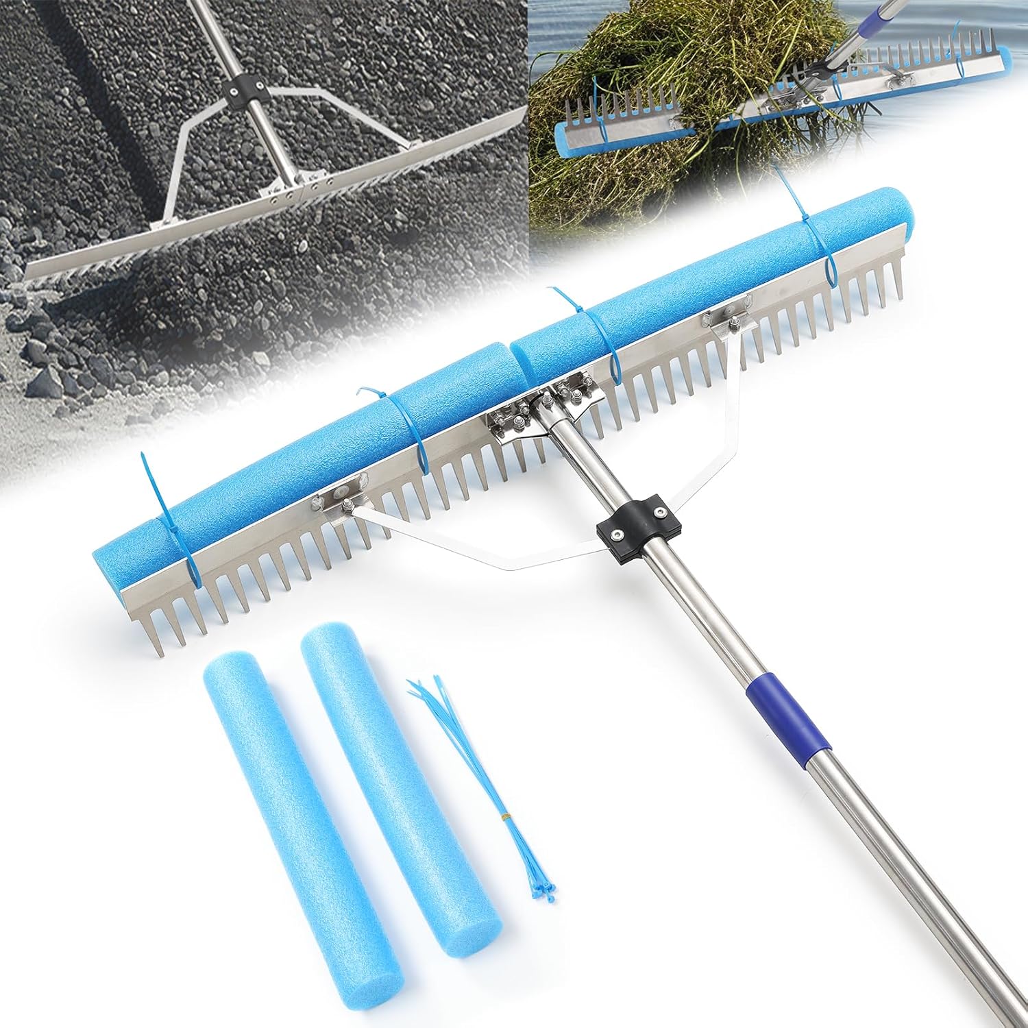 Aluminum Landscape Rake, 31'' Wide Heavy Duty Lake Weed Rakes for Gravel Driveway Leveling,Soil Loosening,Aquatic Weed,Algae Removal, Long Handle Landscaping Tool for Beach,Garden Lawn Yard Cleaning