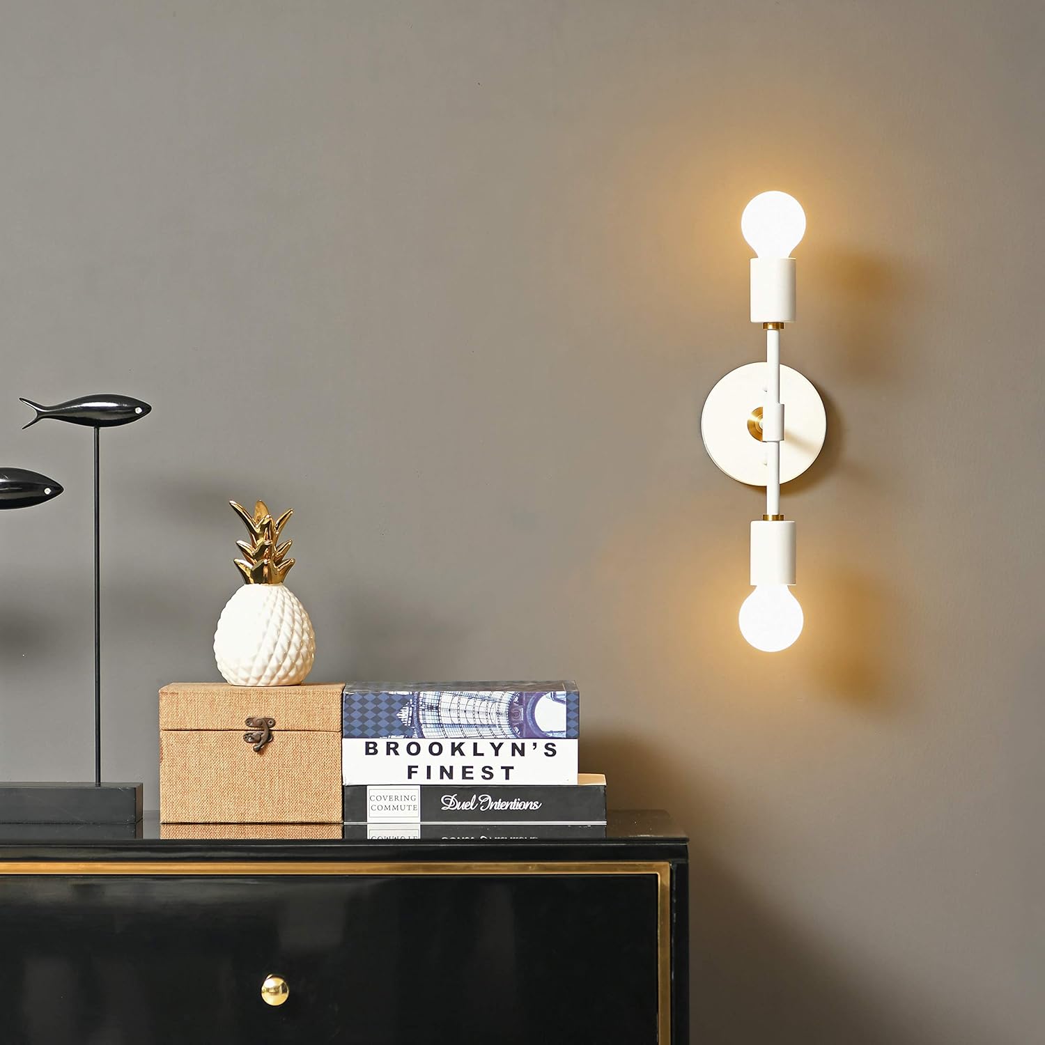 BRIGHTTIA 2 Light Wall Sconce - Modern Minimalist Bathroom Vanity and Hallway Lighting - Mid Century Industrial Exposed Bulb Wall Lamp - Flush Mount Fixture - White/Brushed Gold (BW0023-2WG)