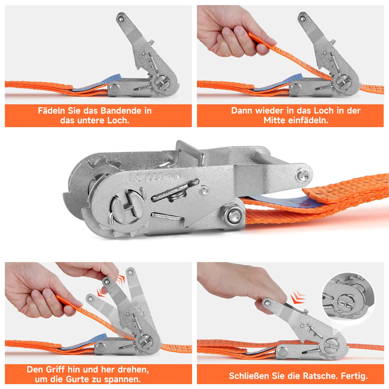 HOMELUX Correas tensoras, 4 unidades – 6 m x 3,5 cm correas tensoras con gancho de trinquete – LC 1000 daN – Certificado TÜV/GS – Correa de amarre de trinquete para asegurar la carga