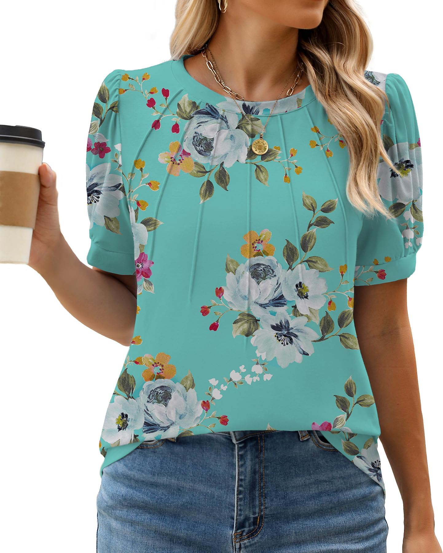 WEACZZY Women’s Short Sleeve T-Shits Pleated Design Crew Neck Puff Sleeves Tunic Top Basic Casual Blouse Fashion Outfits 2026