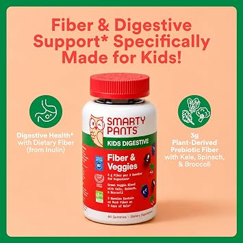 SmartyPants Kids Fiber & Veggies: Prebiotic Fiber Gummies for Kids, Fiber Supplement with Inulin, Organic Green Veggie Blend, Vegan, Gluten Free, Mixed Berry Flavor, 60 Count (30 Day Supply)
